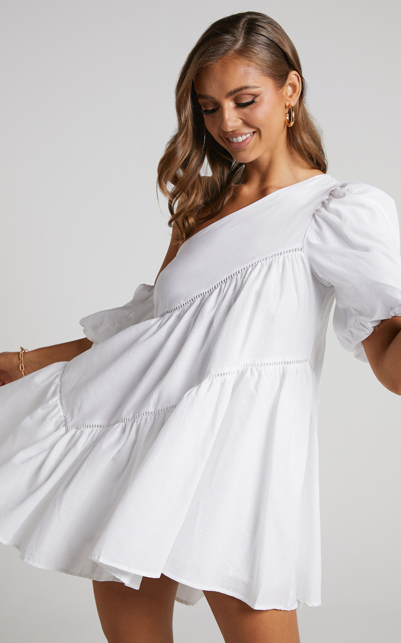 Harleen Mini Dress - Linen Asymmetrical Trim Puff Sleeve Dress in White
