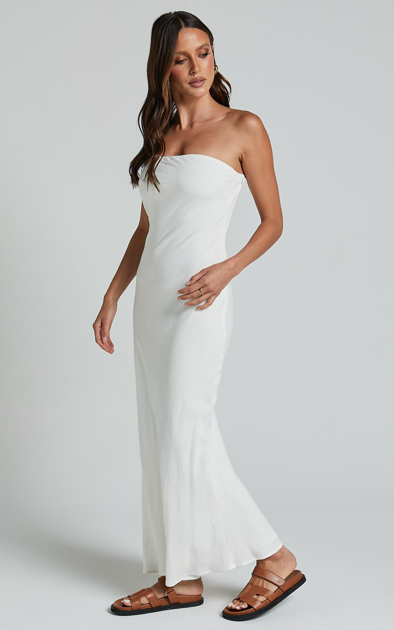 Aaliya Midi Dress - Linen Strapless Slip Dress in Off White