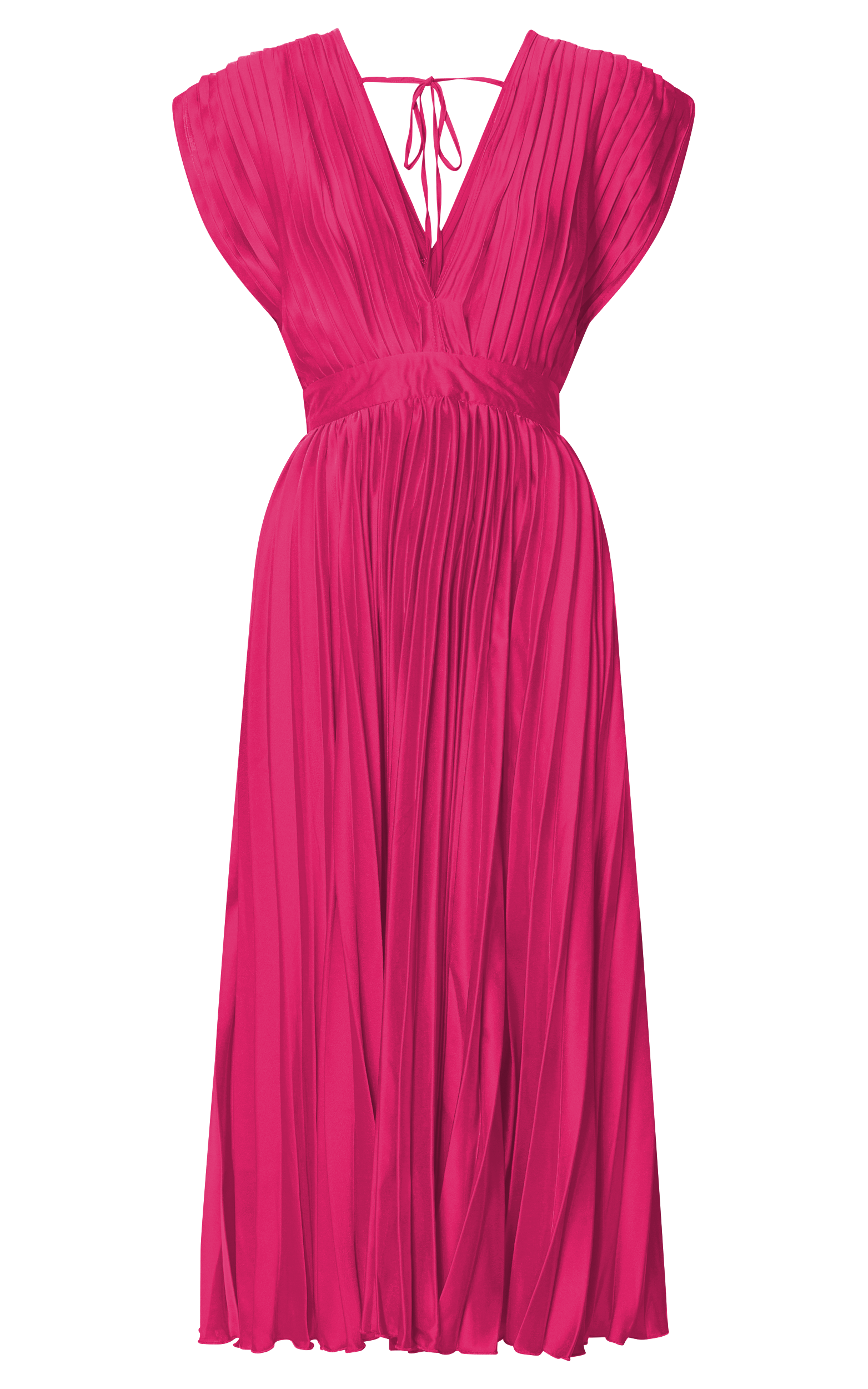 Della Midi Dress - Plunge Neck Short Sleeve Pleated Dress in Hot Pink