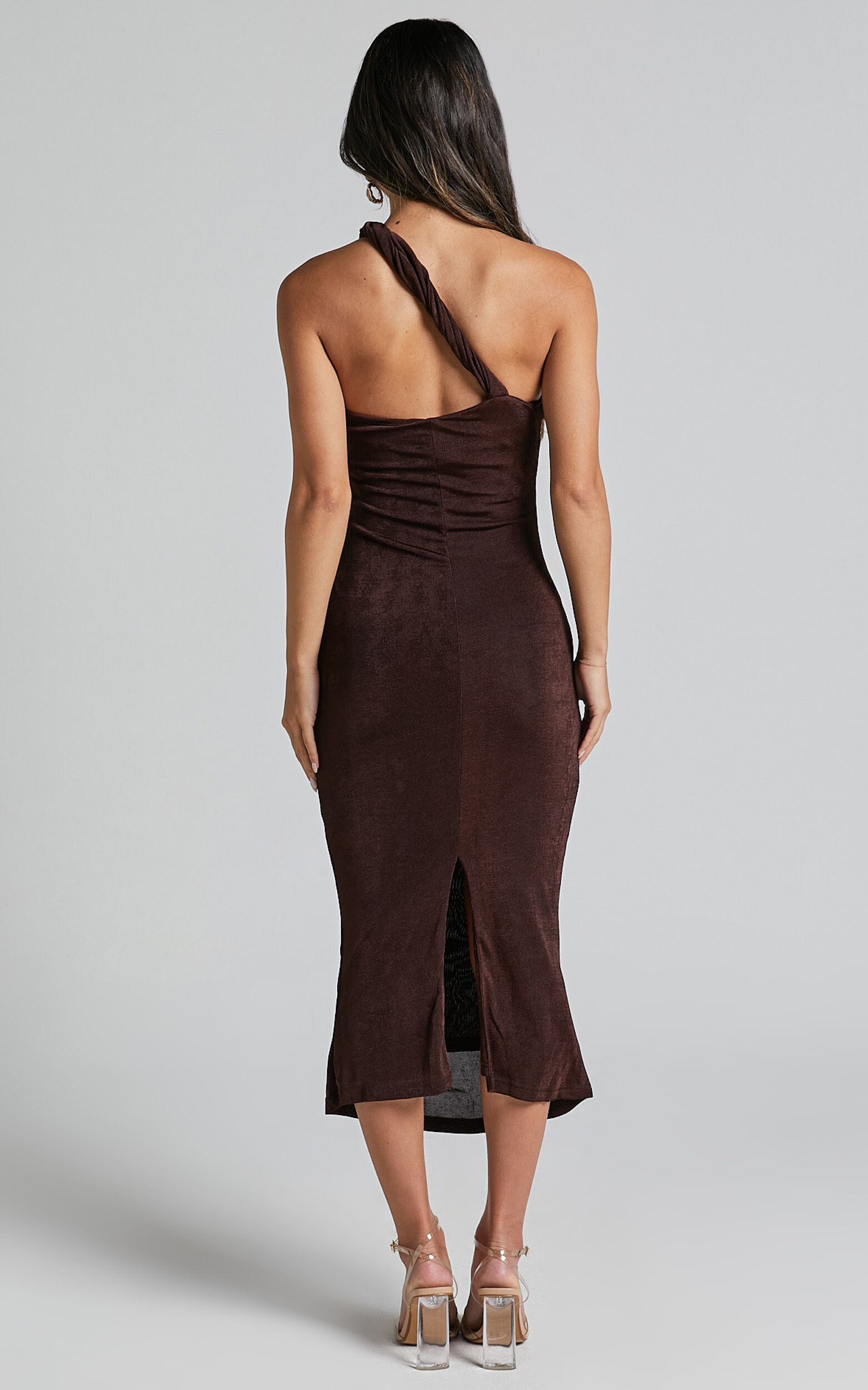 Arietty Midi Dress - One Shoulder Asymmetrical Ruched Dress in Chocolate