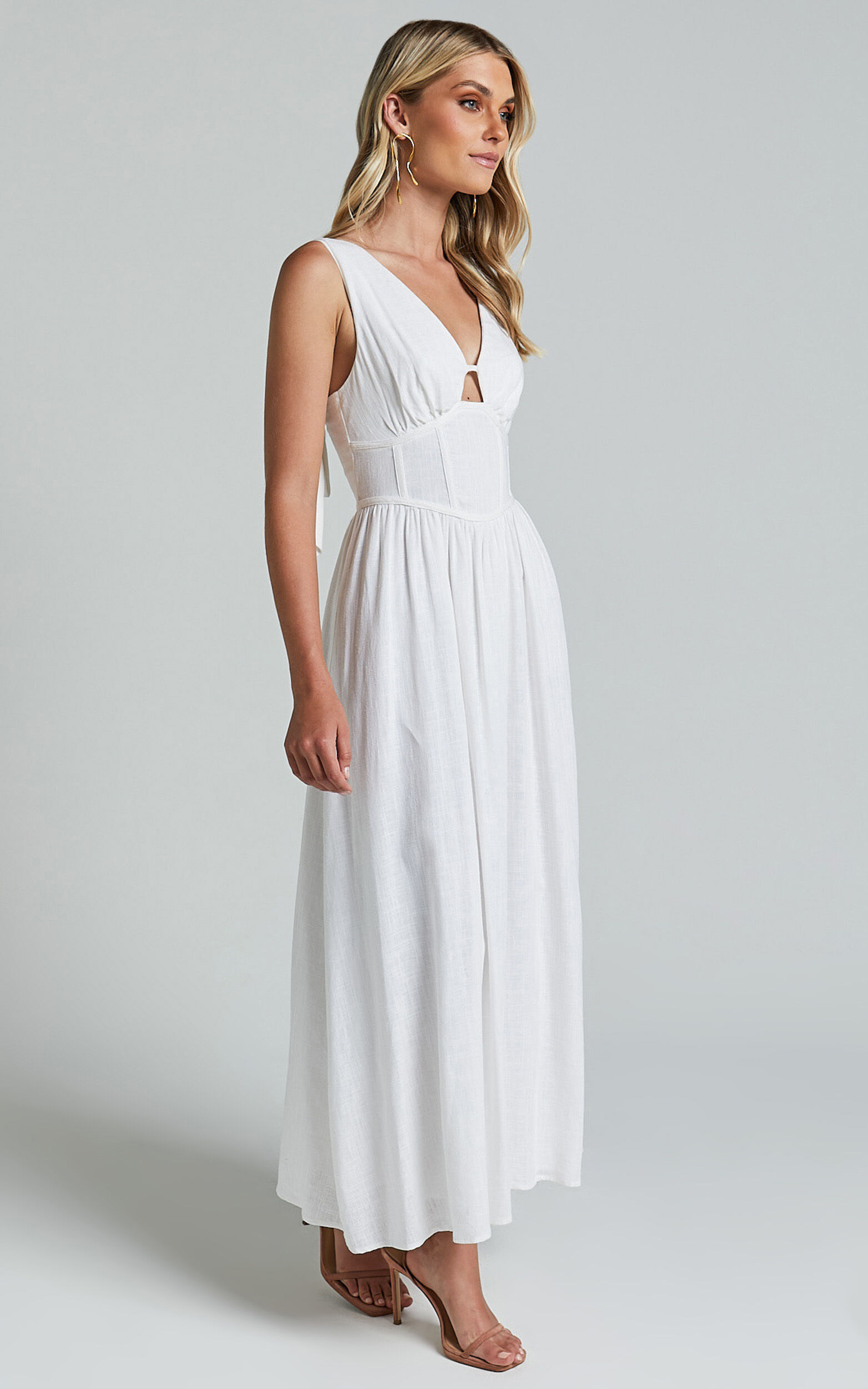 Amalie The Label - Chamika Linen Blend Bustier Double Tie Back Midi Dress in White