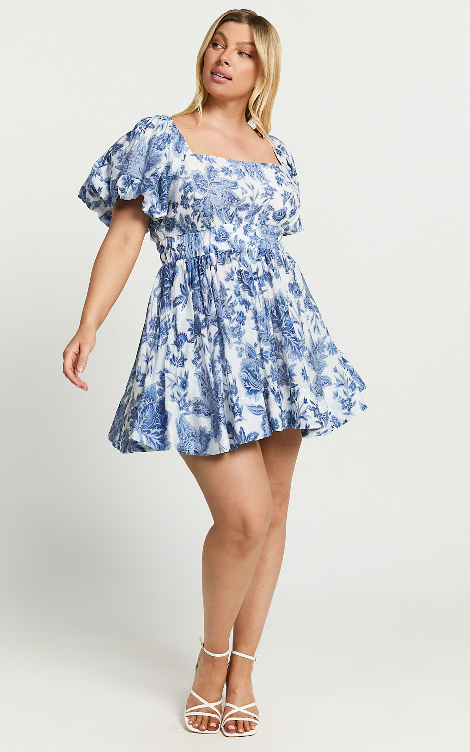 Mira Mini Dress - Square Neck Balloon Sleeve Dress in Blue Floral