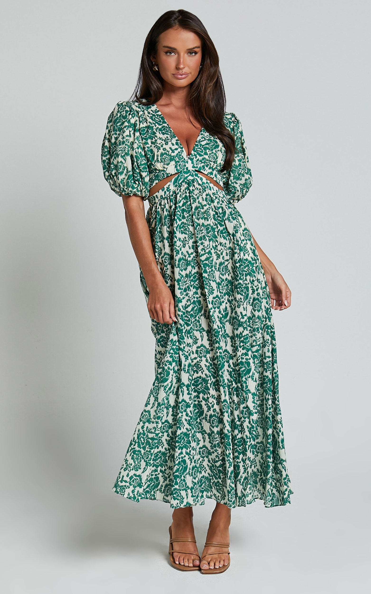 Nelli Midi Dress - Short Sleeve Cut Out Dress in Green Silhouette