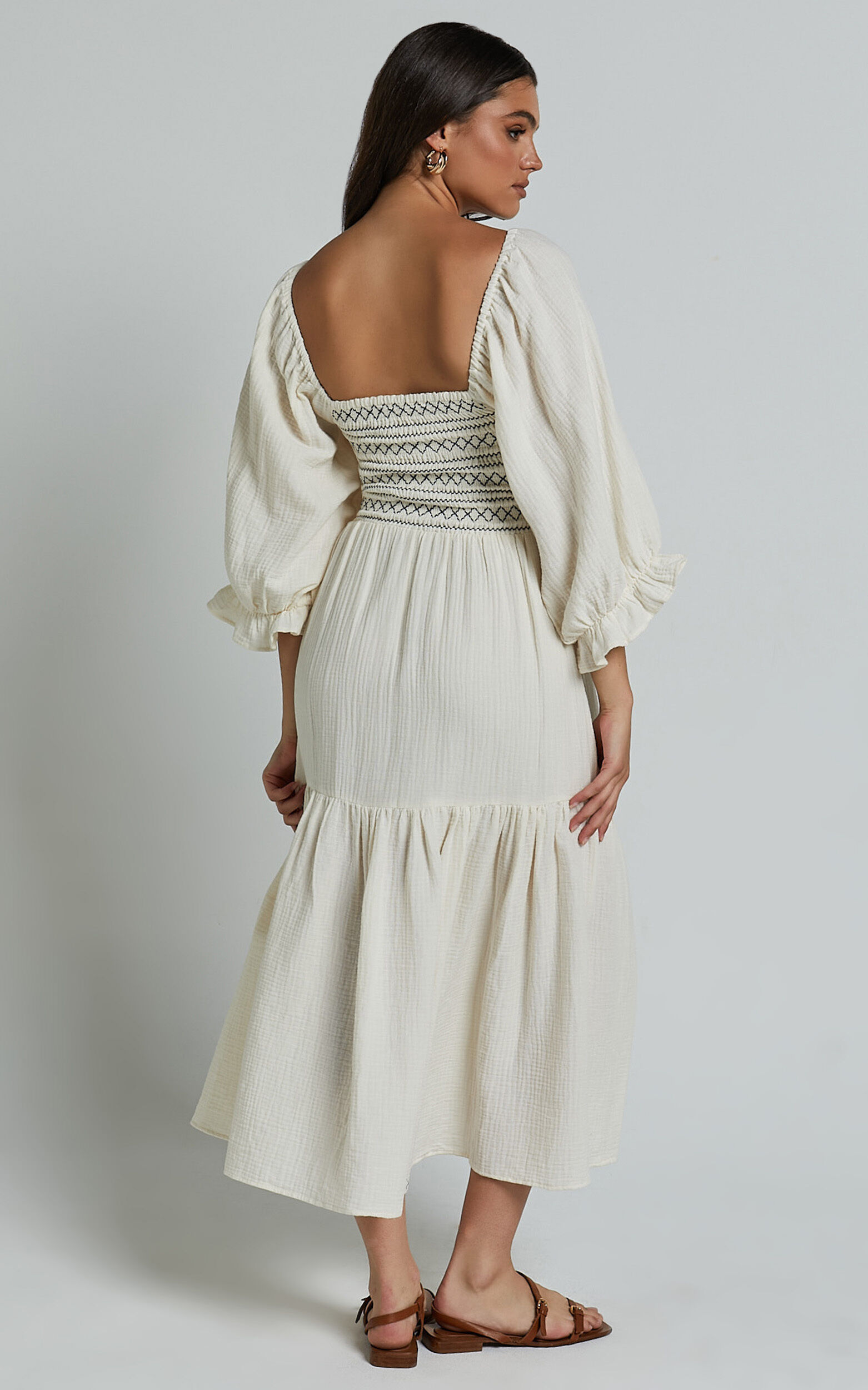 Bellenie Midi Dress - 3/4 Puff Sleeve Square Neck Smock Bodice Tiered Dress in Natural
