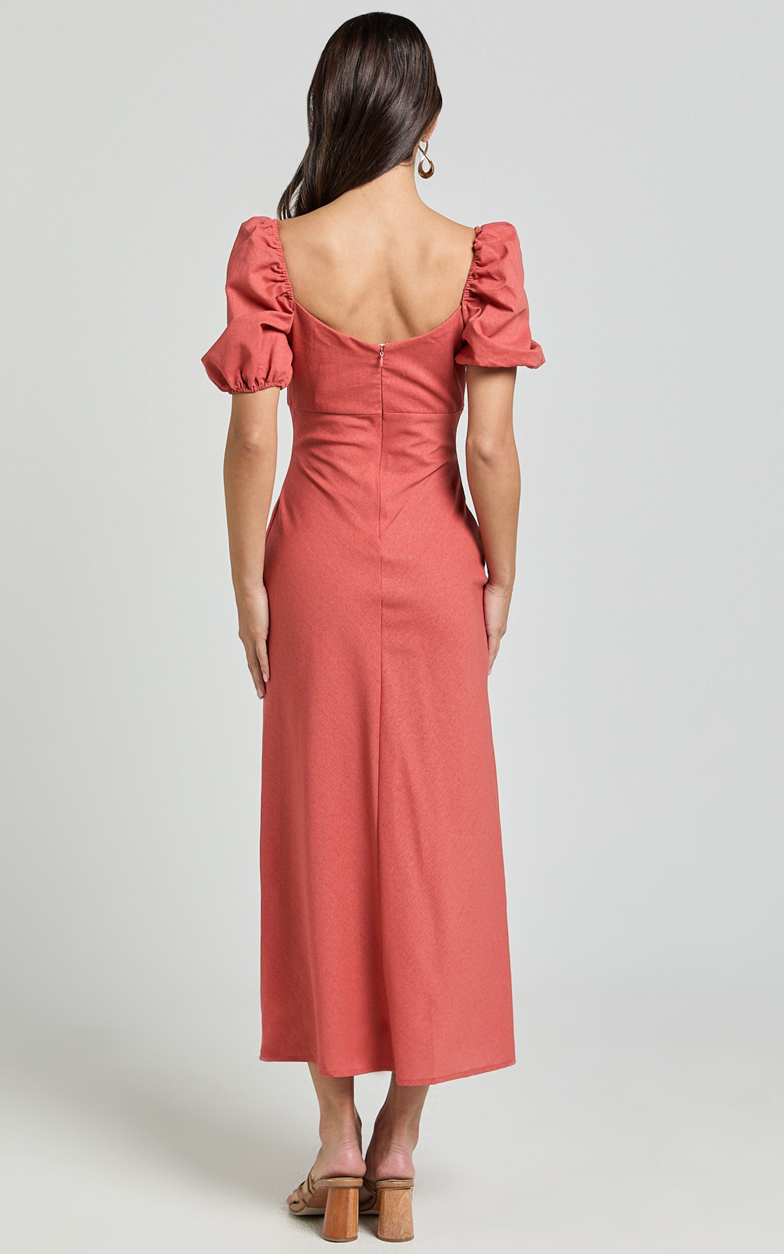 Fabia Midi Dress - Sweetheart Keyhole Linen Blend Dress in Clay