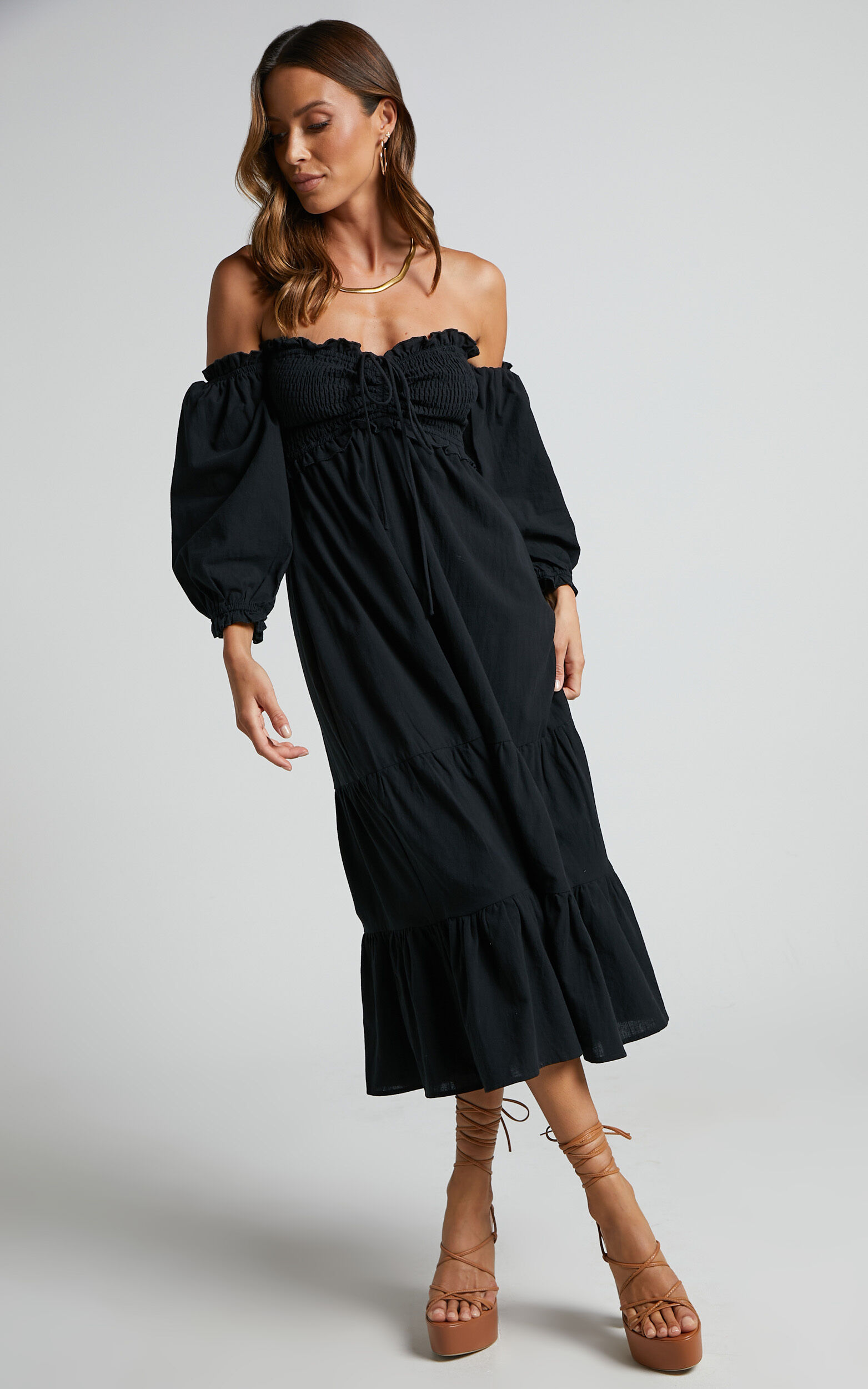 Nikka Midi Linen Dress - Shirred Off Shoulder Puff Sleeve Dress in Black