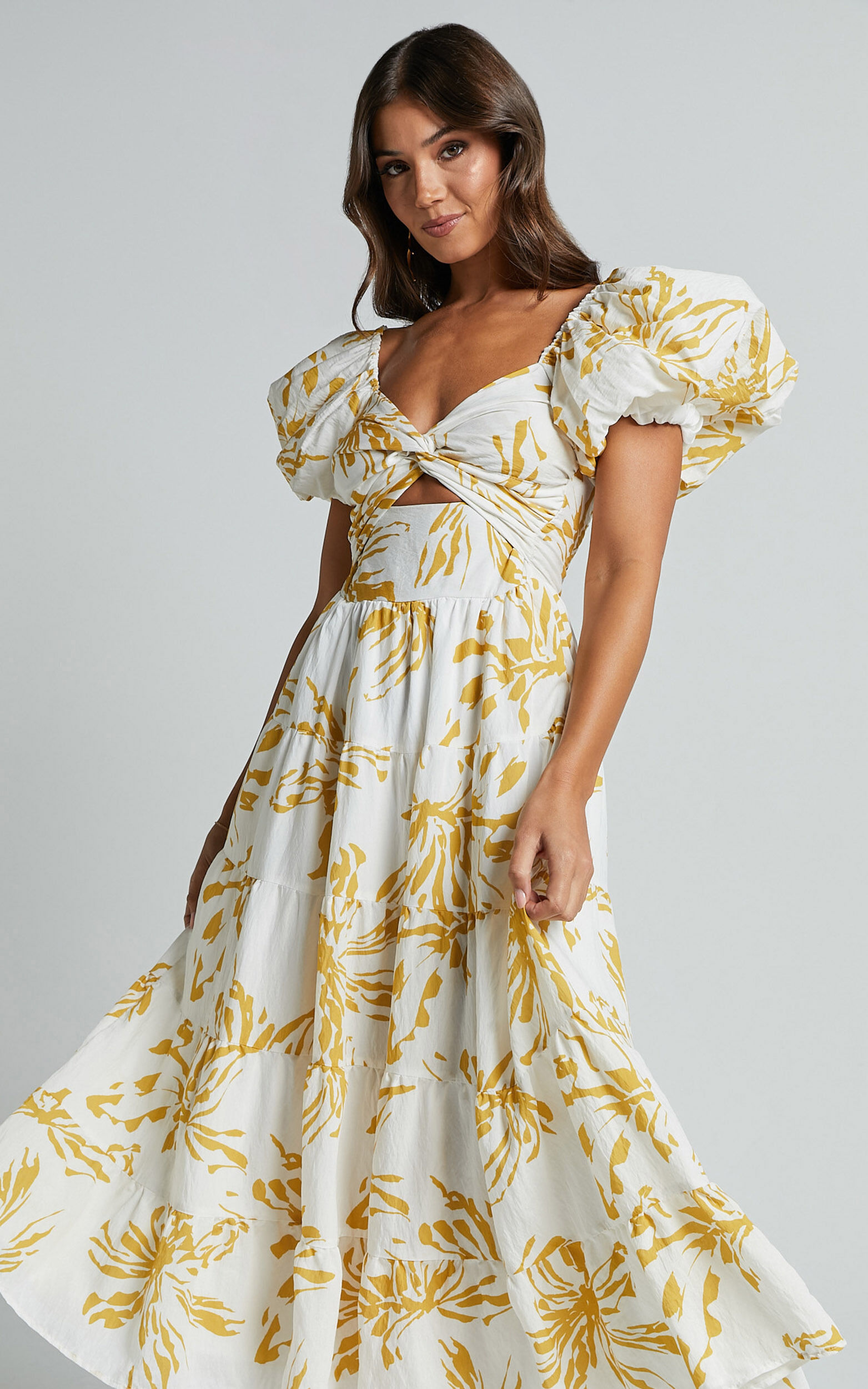 Jamaella Midi Dress - Short Puff Sleeve Front Cut Out Dress in White Floral