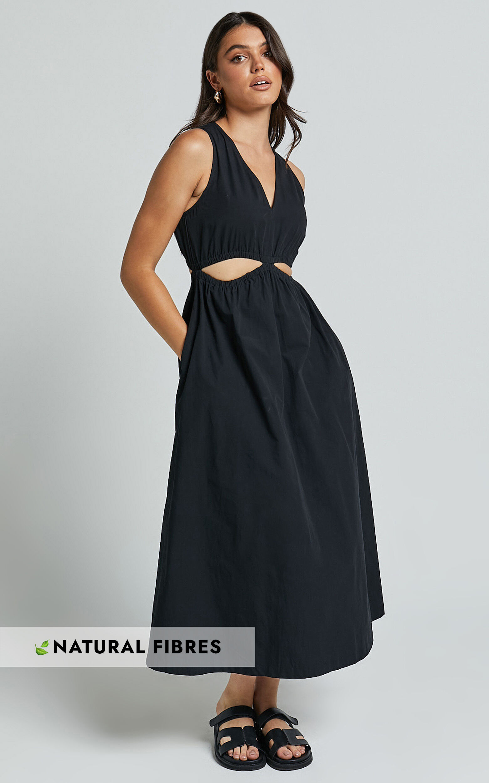 Celiana Midi Dress - Plunge Elastic Waist Cut Out Sleeveless A Line Dress in Black