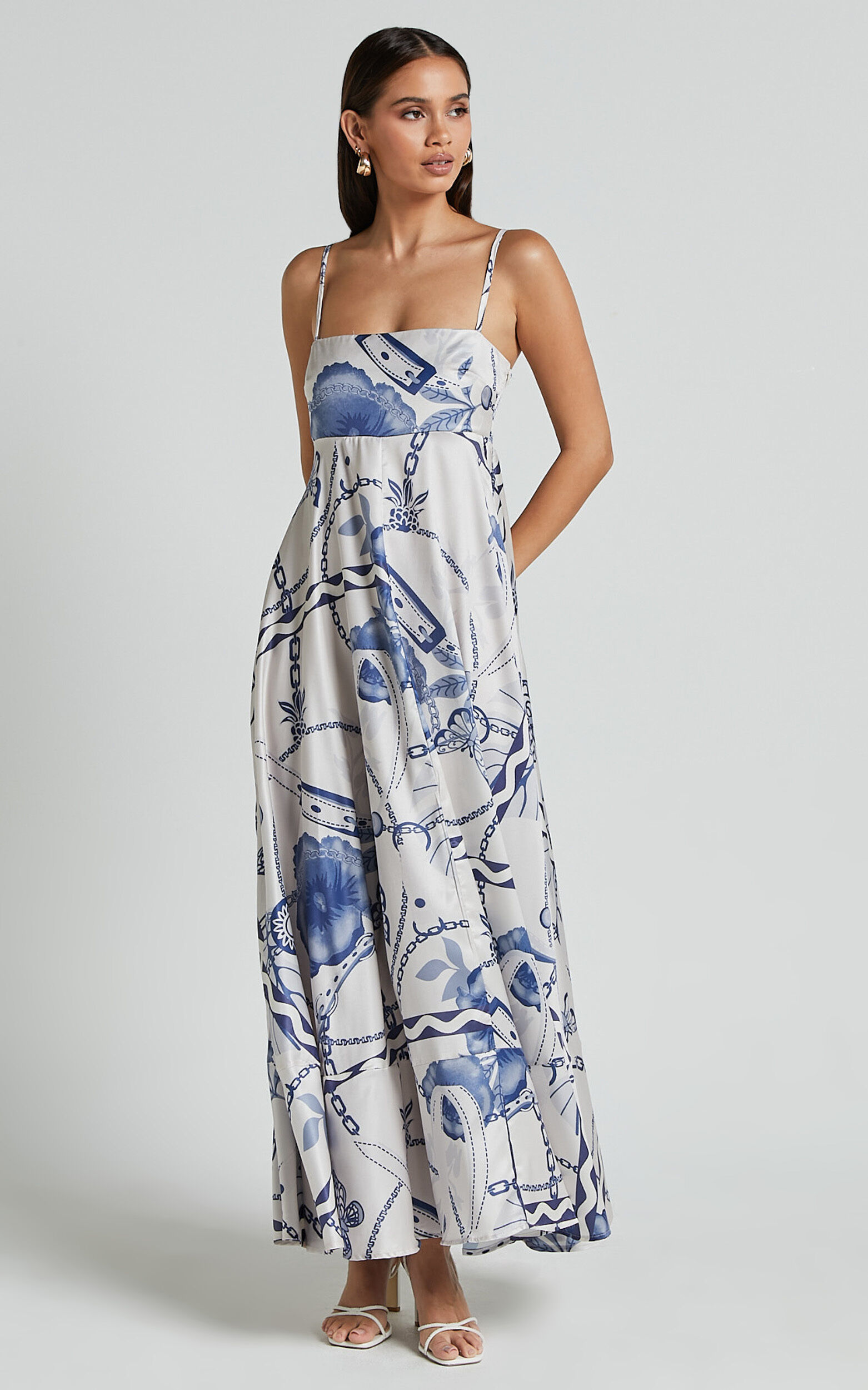 Yasmine Midi Dress - Straight Neck Sleeveless A Line Dress in Blue and White Porcelain Print