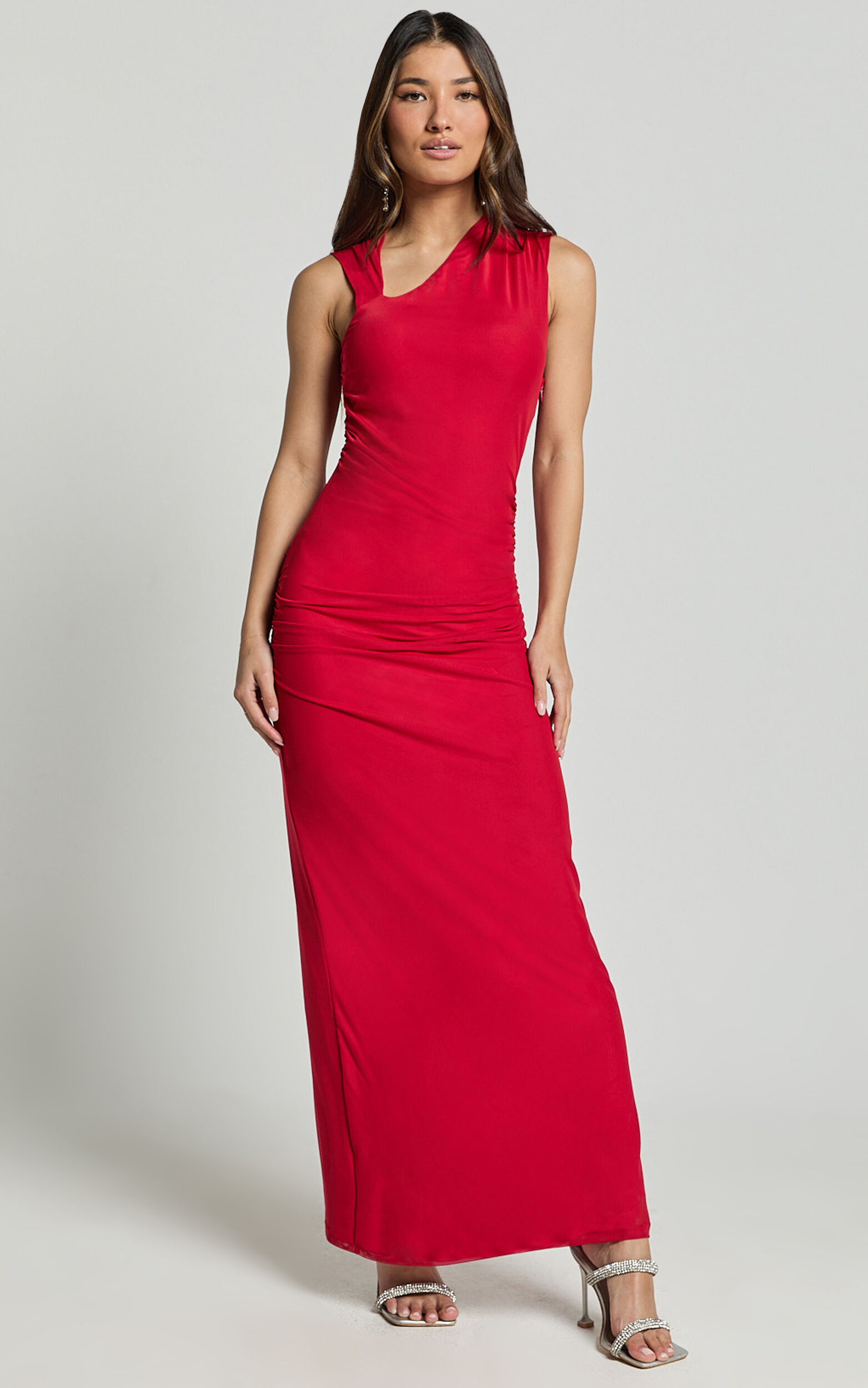 Lara Midi Dress - Asymmetrical Ruched Mesh Dress in Red