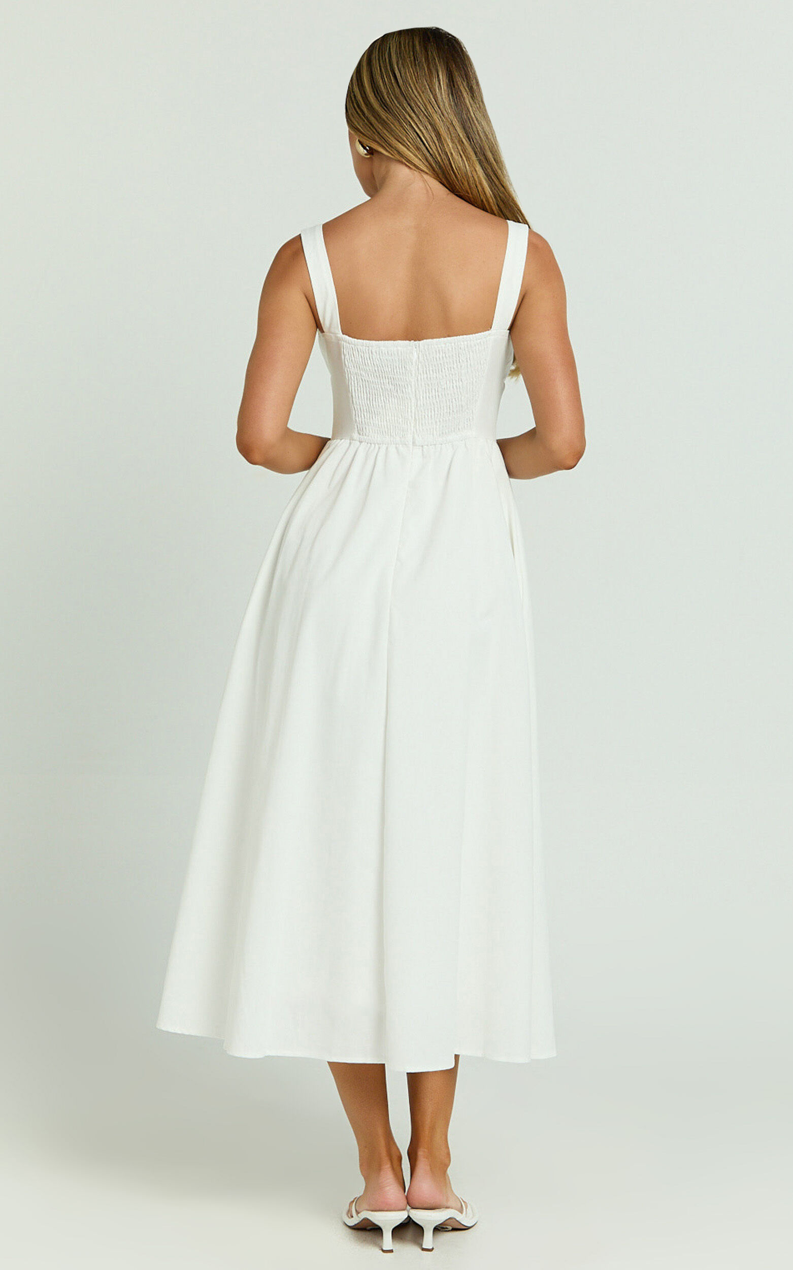 Khari Midi Dress - Linen Look Square A Line Dress in White