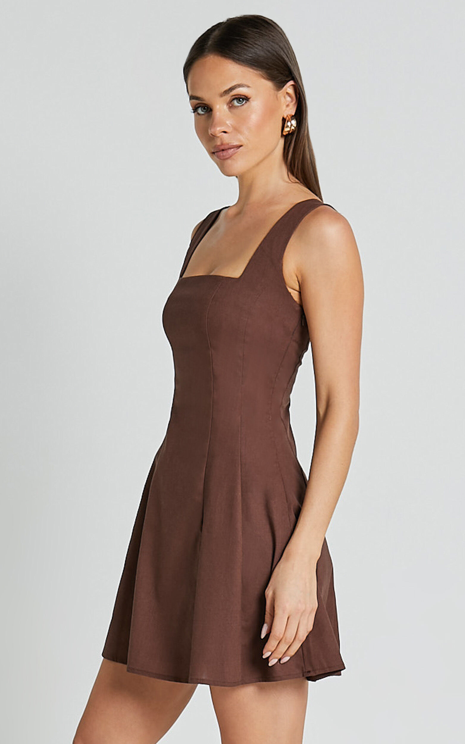 Adiana Mini Dress - Linen Square Neck Shirred Back A Line Dress in Chocolate