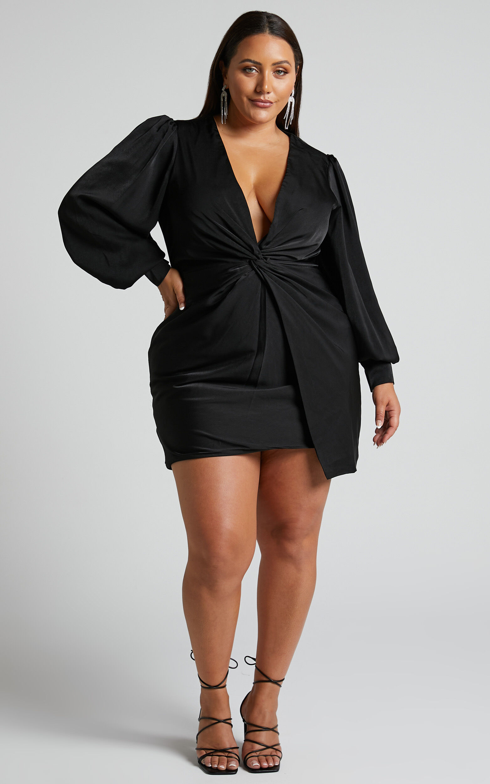 Billie Mini Dress - Twist Front Long Puff Sleeves Dress in Black