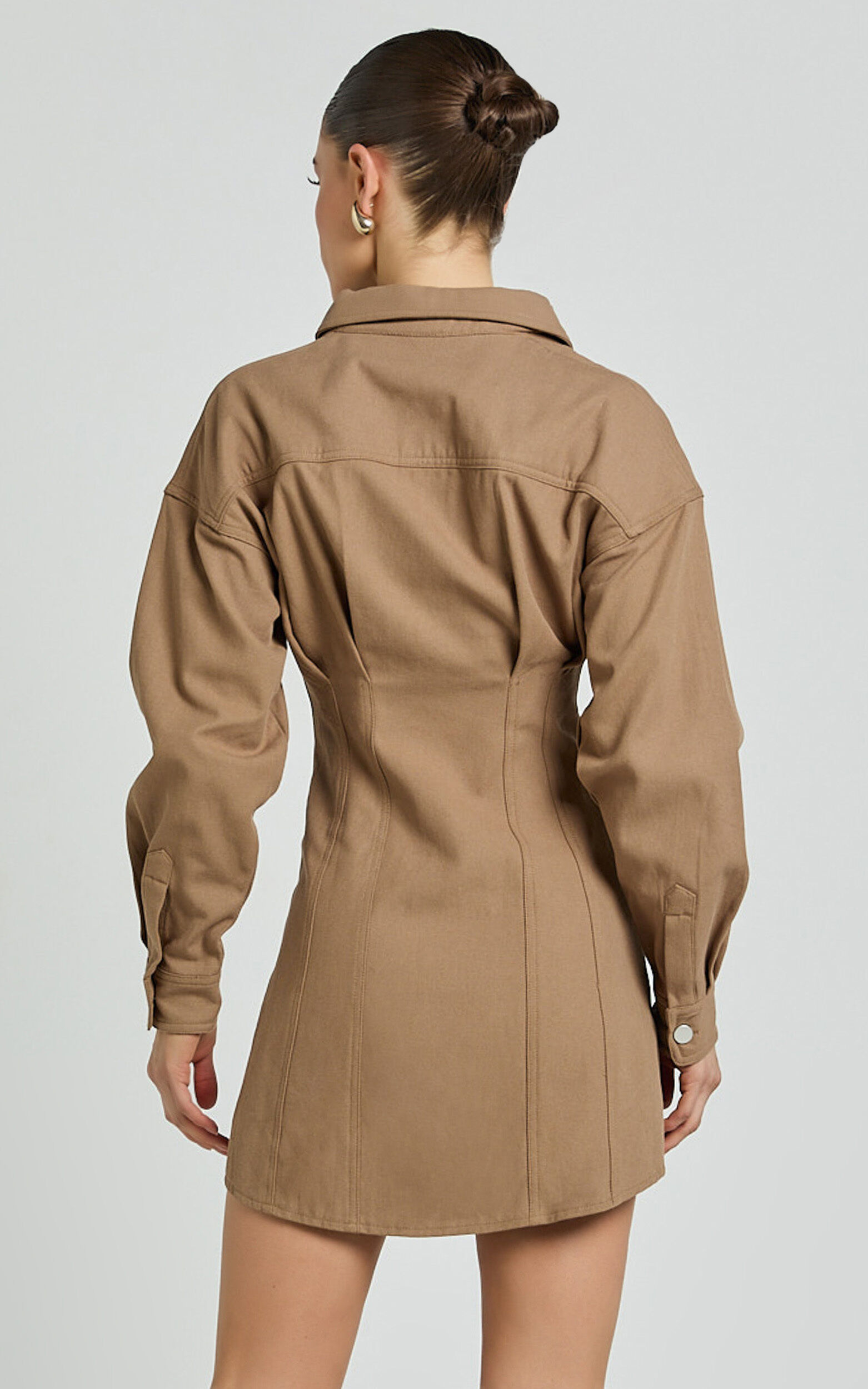 Sofia Mini Dress - Button Through Long Sleeve Dress in Mocha
