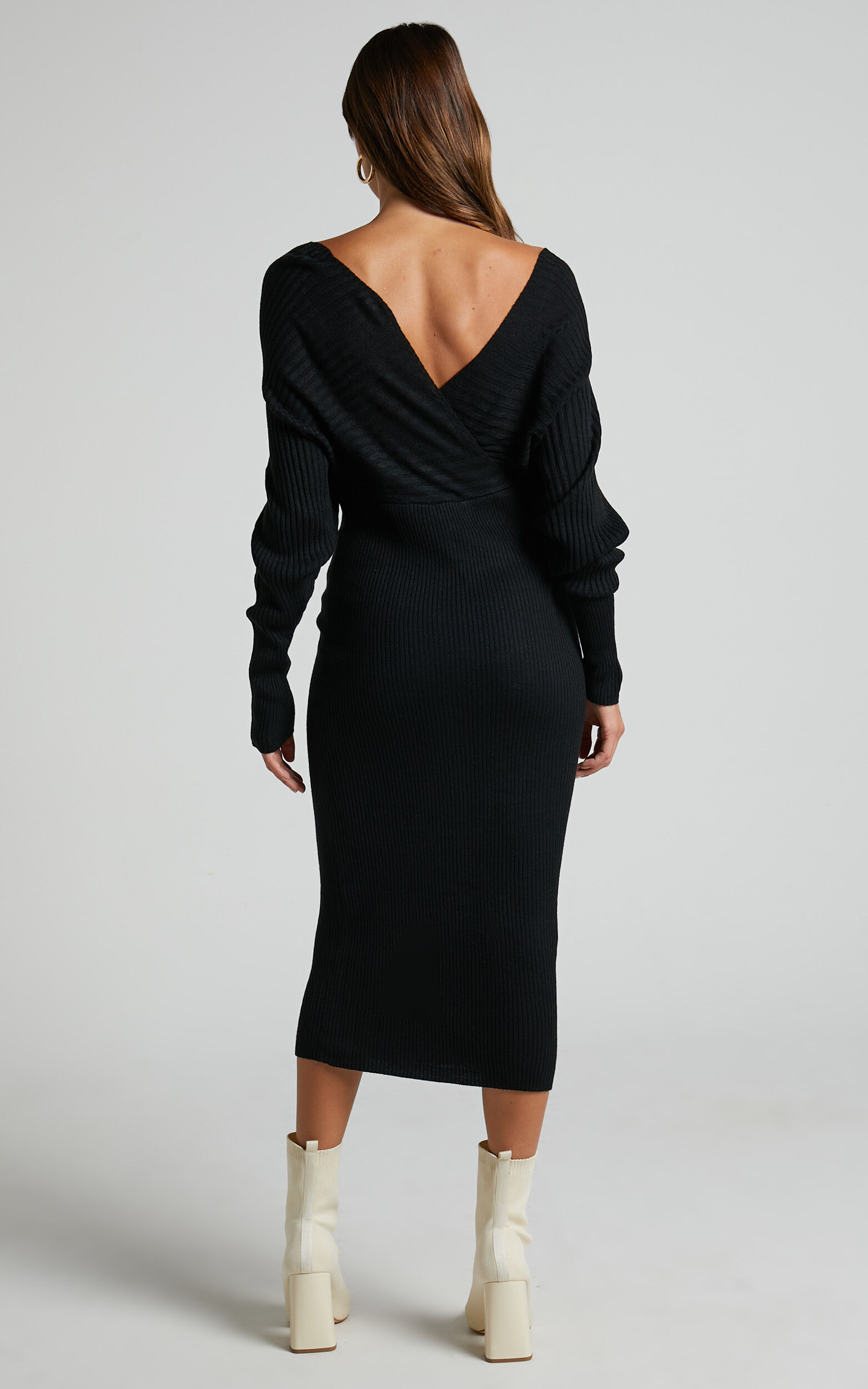 Sheika Midi Dress - Long Sleeve Off Shoulder Knit Dress in Black