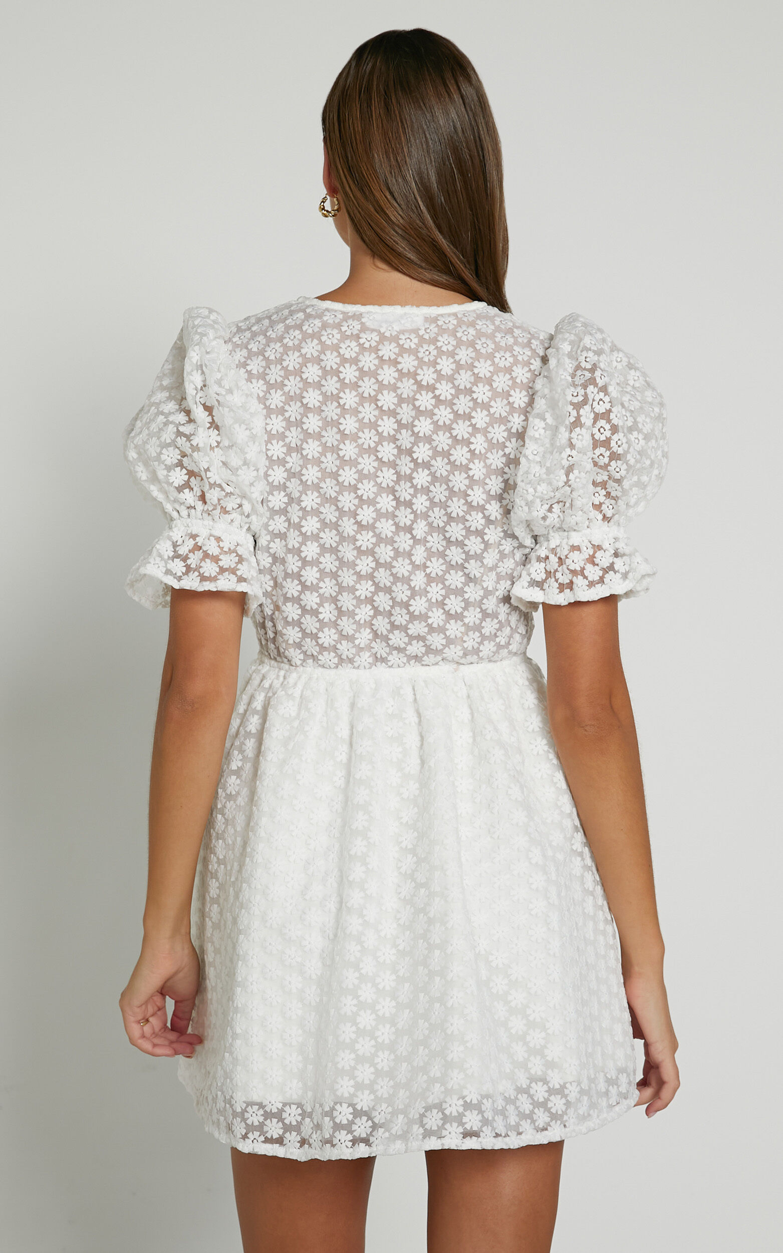 Freya Mini Dress - Puff Sleeve V Neck A Line Dress in White