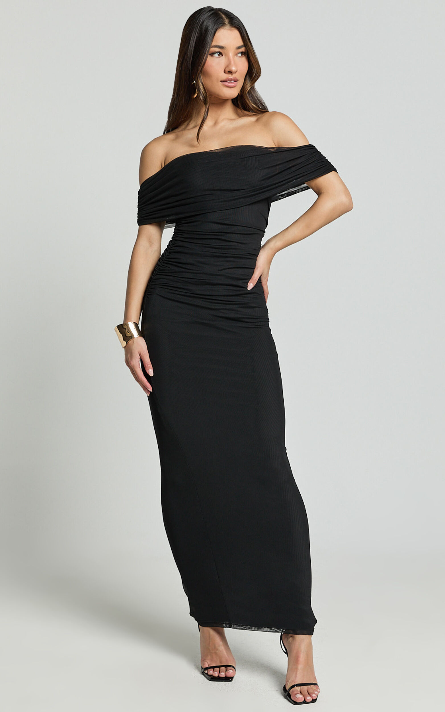Caterina Maxi - Ruched Off Shoulder Mesh Dress in Black