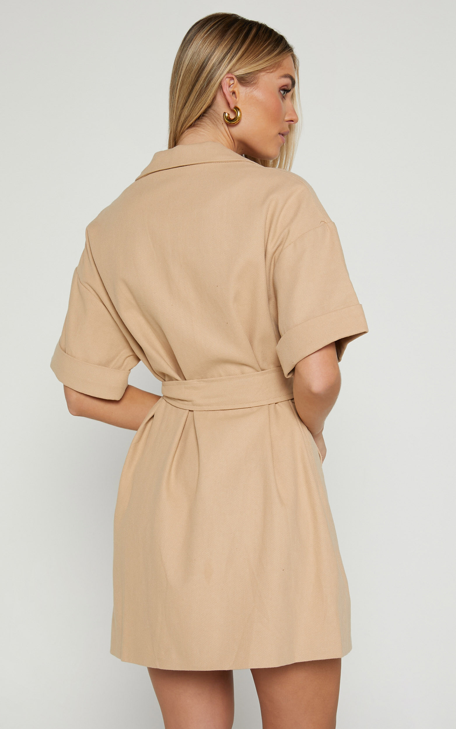 Cyrus Mini Dress - Waist Wrap Short Sleeve Blazer Mini Dress in Stone