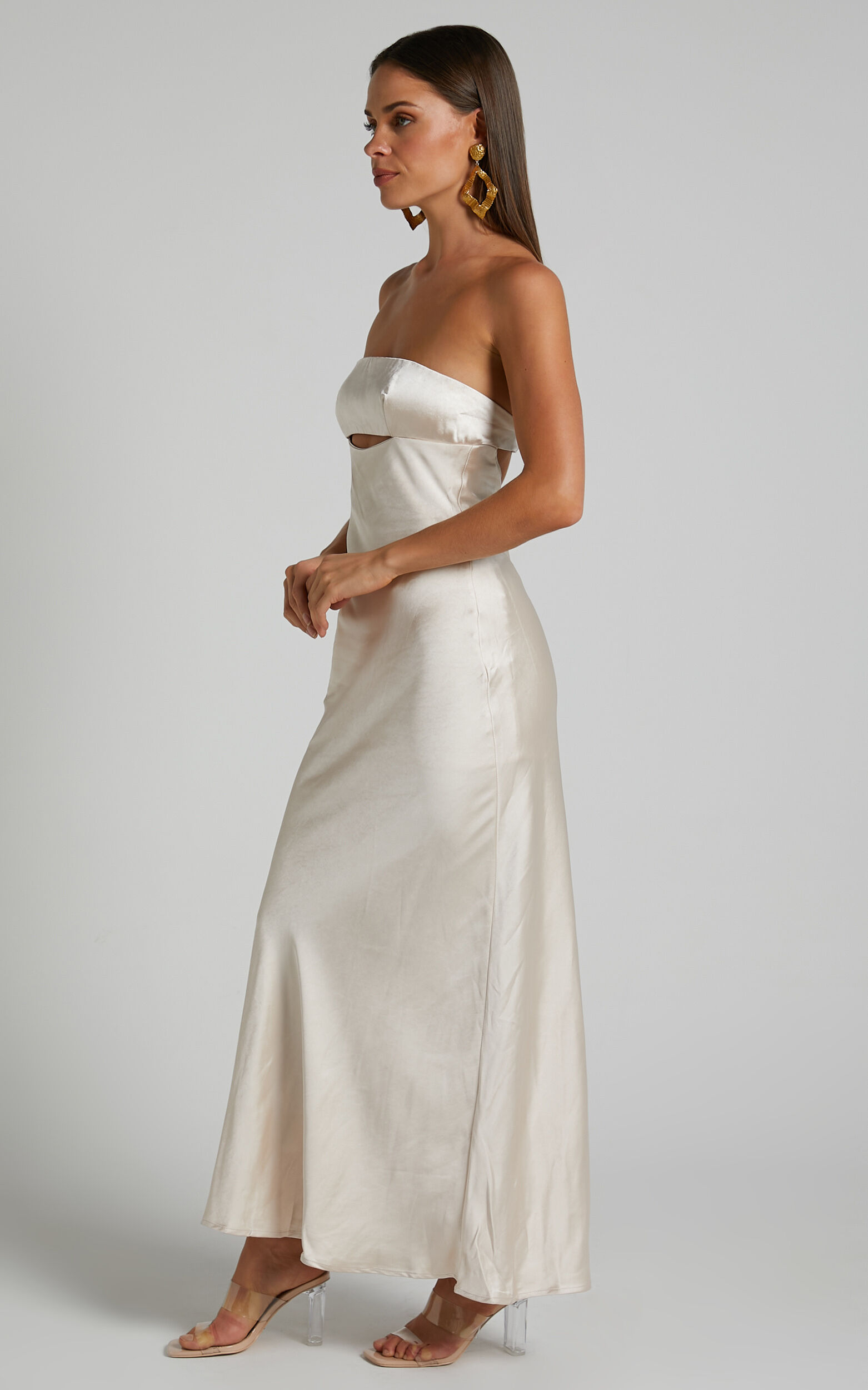 Kira Midi Dress - Strapless Cut Out Satin Dress in Champagne