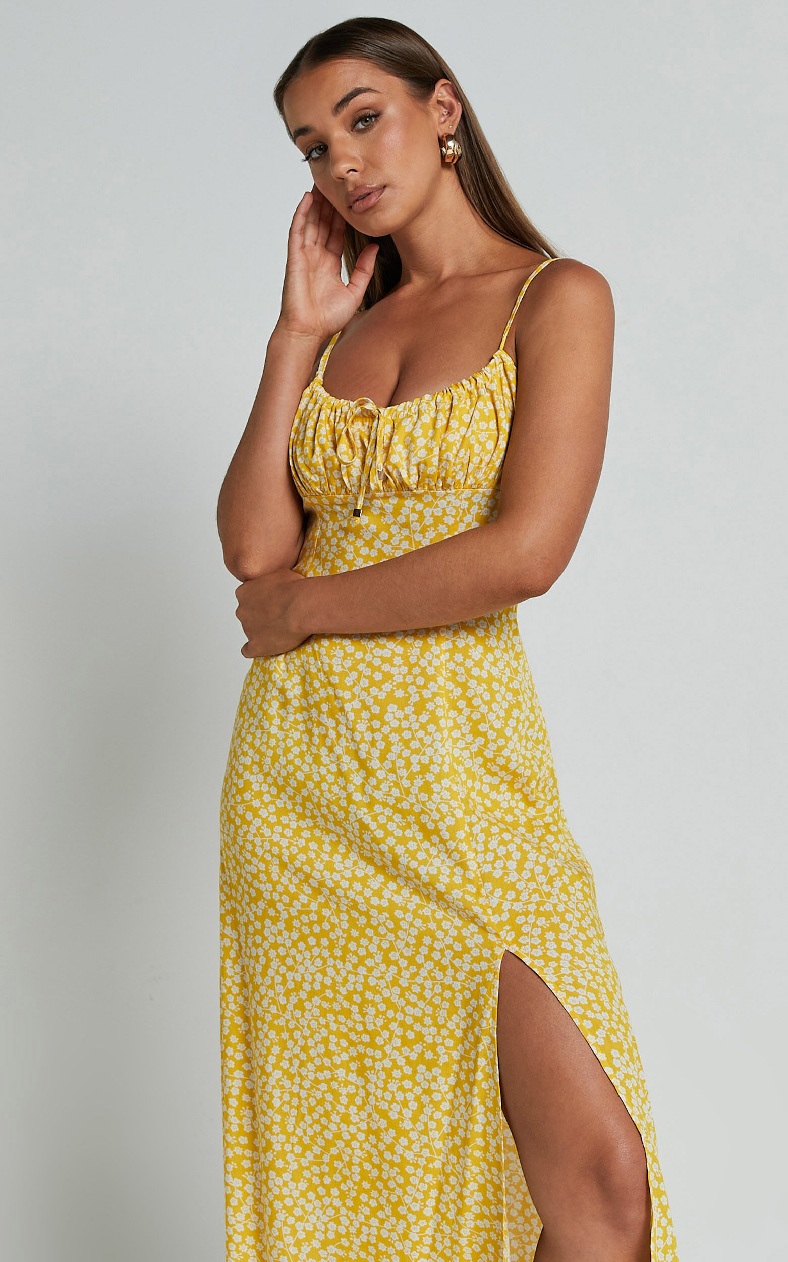 Willa Midi Dress - Ruched Bust Thigh Split Dress in Yellow Floral