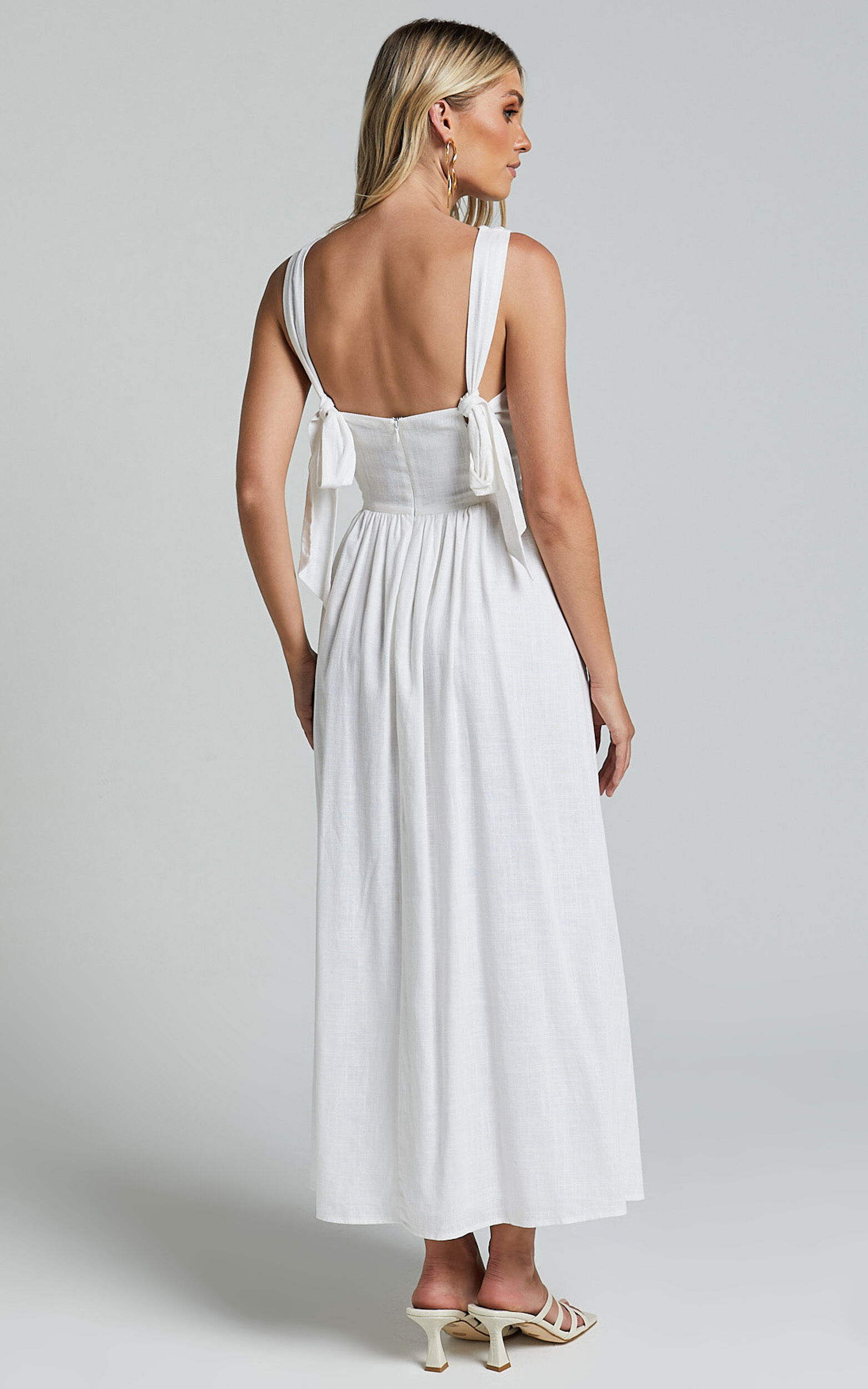 Amalie The Label - Chamika Linen Blend Bustier Double Tie Back Midi Dress in White