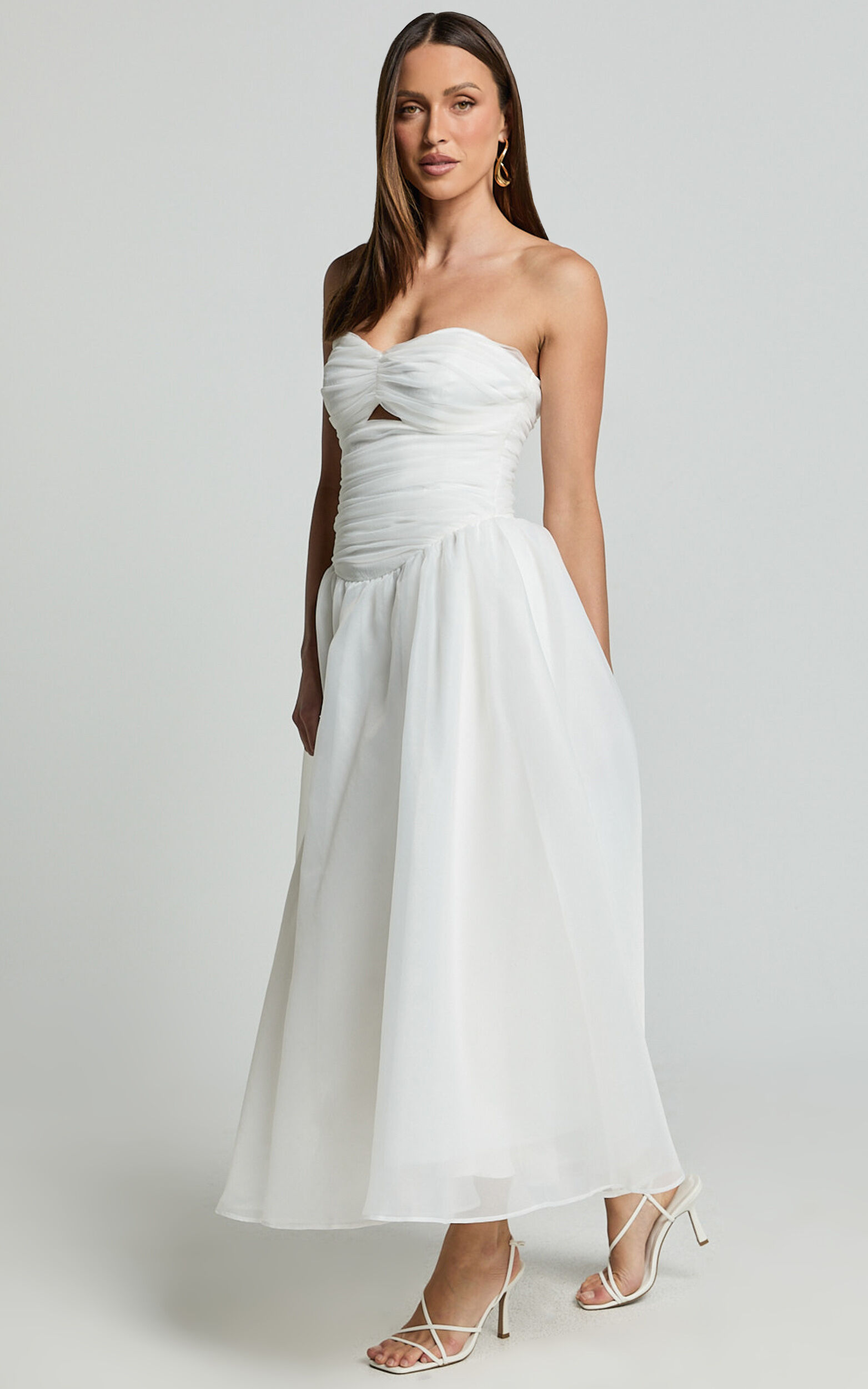 Madalyn Midi Dress - Strapless Sweetheart Bustier Dress in White