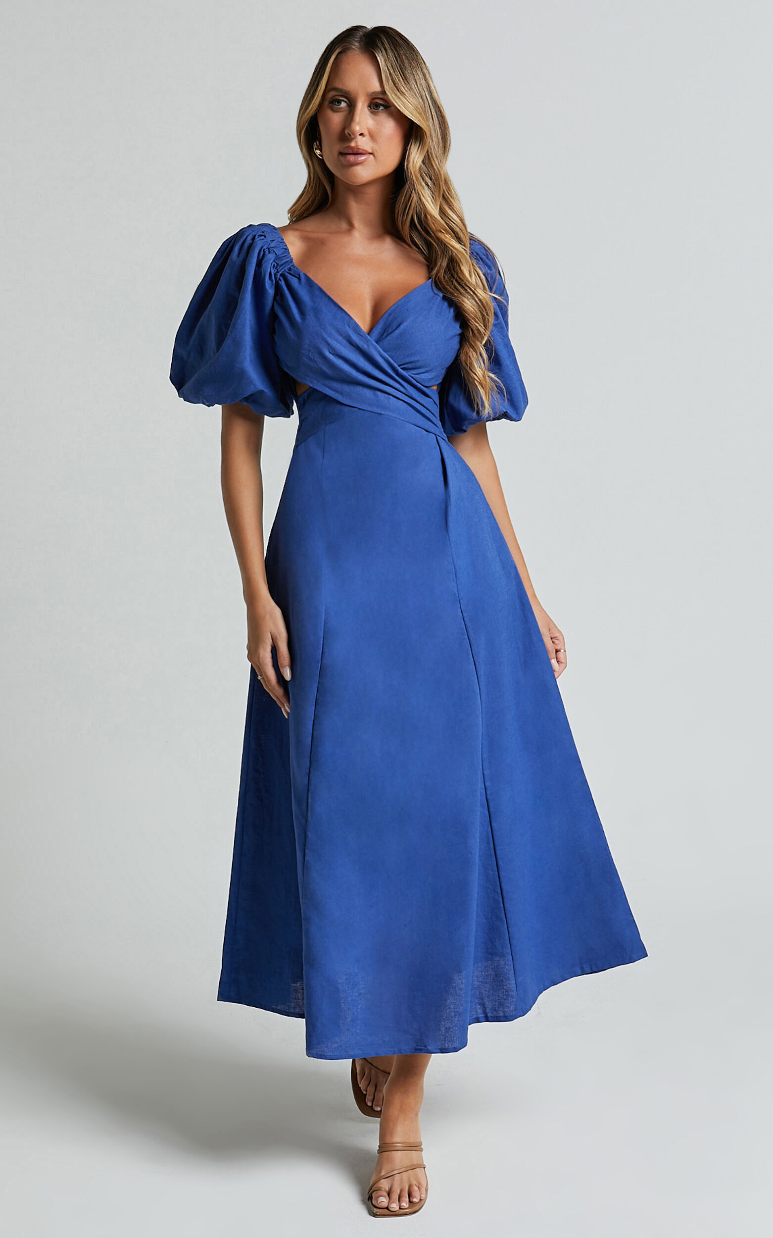 Amalie The Label - Janae Linen Blend Puff Sleeve Cut Out Midi Dress in Blue