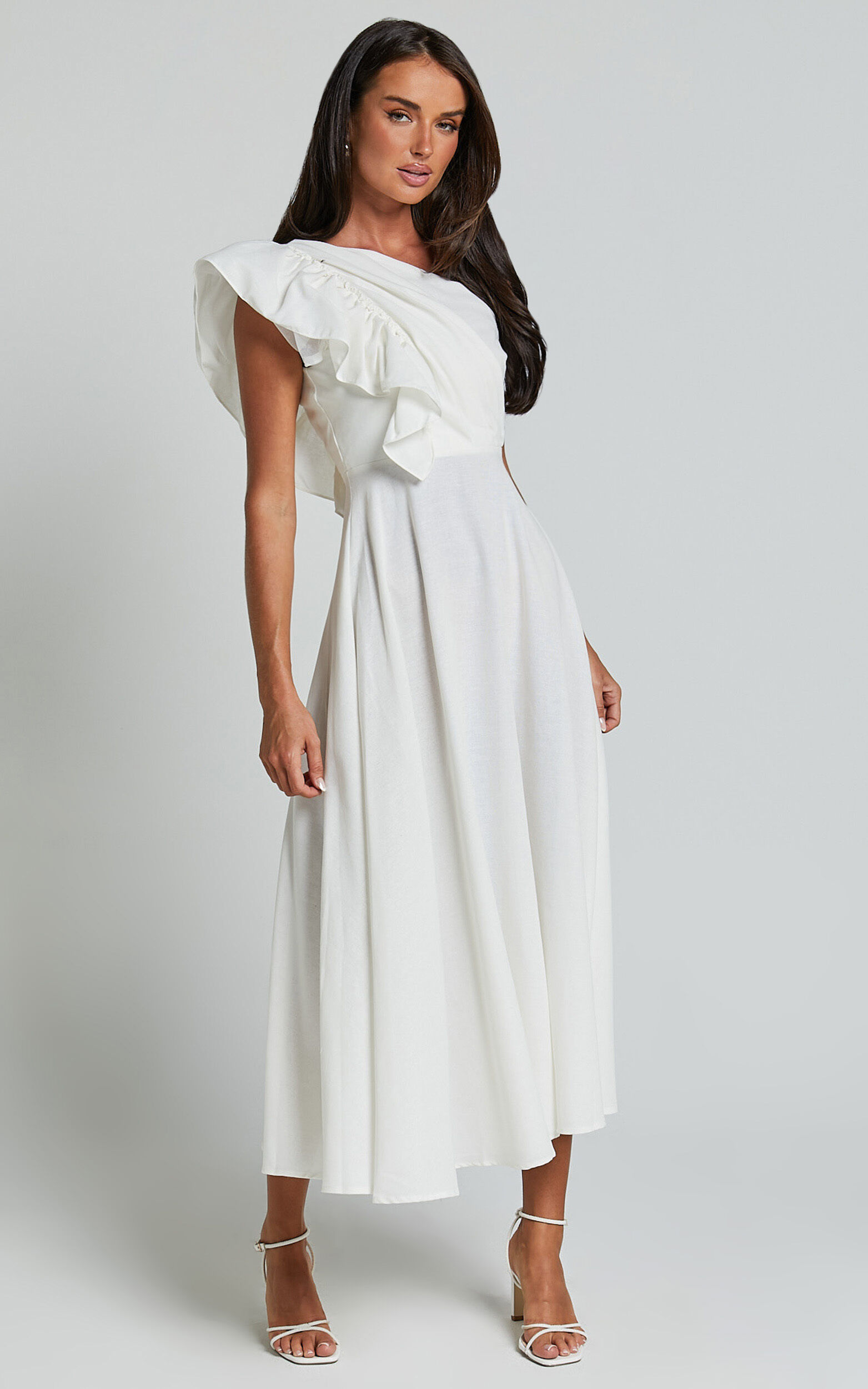Dixie Midi Dress - Linen Look One Shoulder Ruffle Dress in White