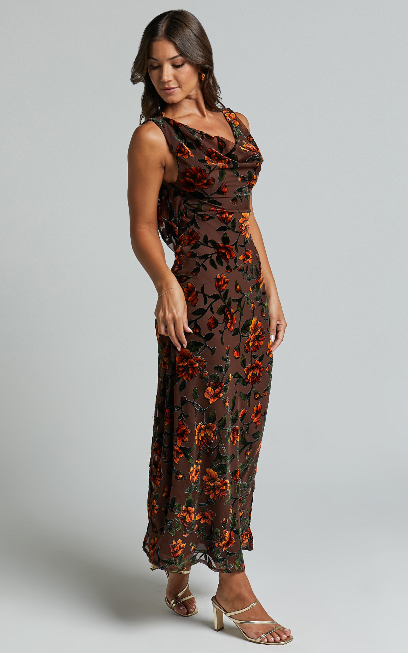 Stephania Midi Dress - Cowl Neck Low Back Burnout Slip Dress in Chocolate