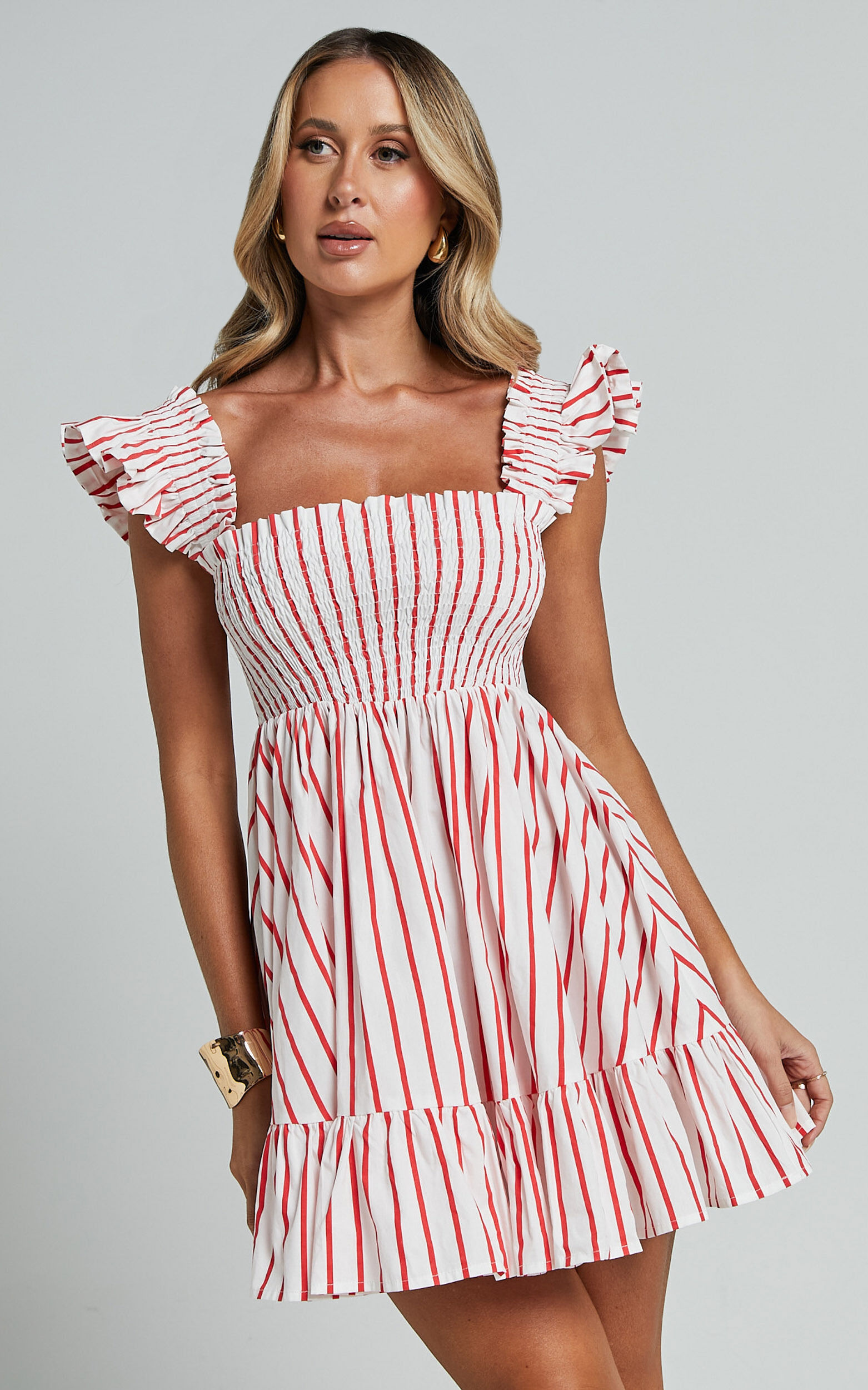 Brynlee Mini Dress - Elastic Chest Flutter Sleeve Hem Dress in Red Stripe