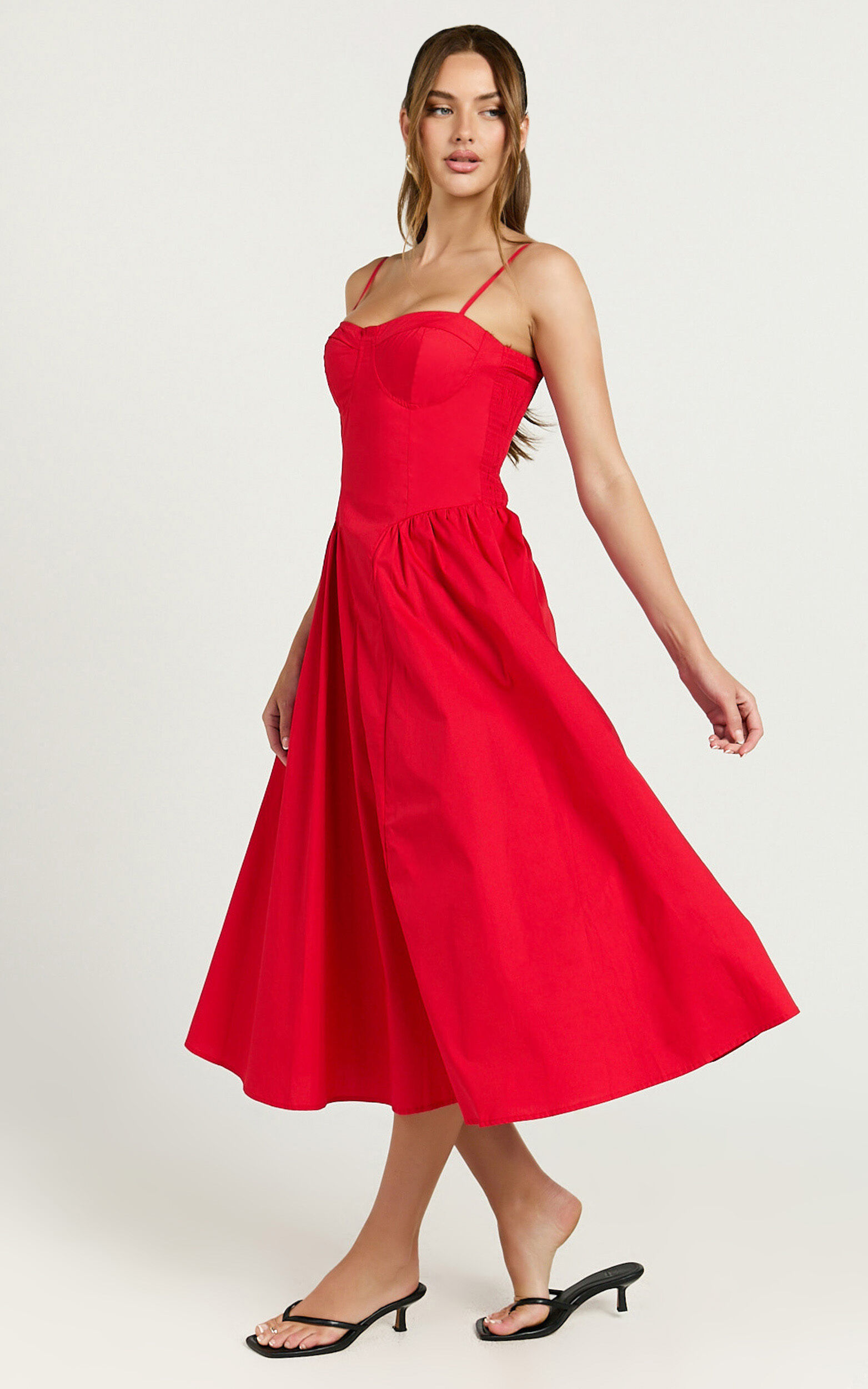 Mhissa Midi Dress - Sweetheart Neck  Fit & Flare Dress in Red