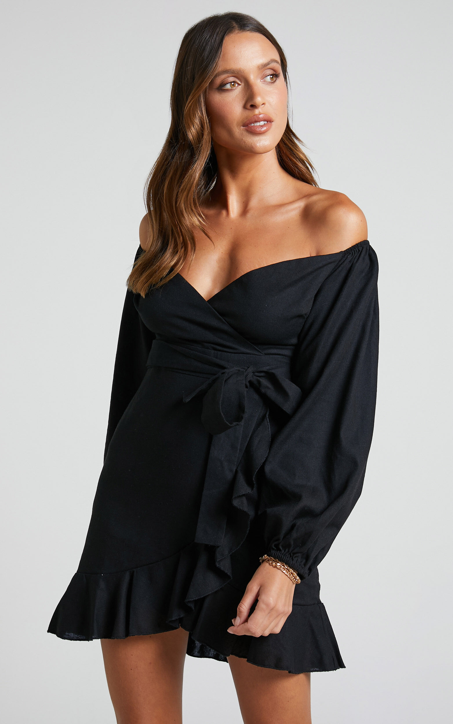 Cant Move On Off Shoulder Mini Linen Dress in Black Linen Look