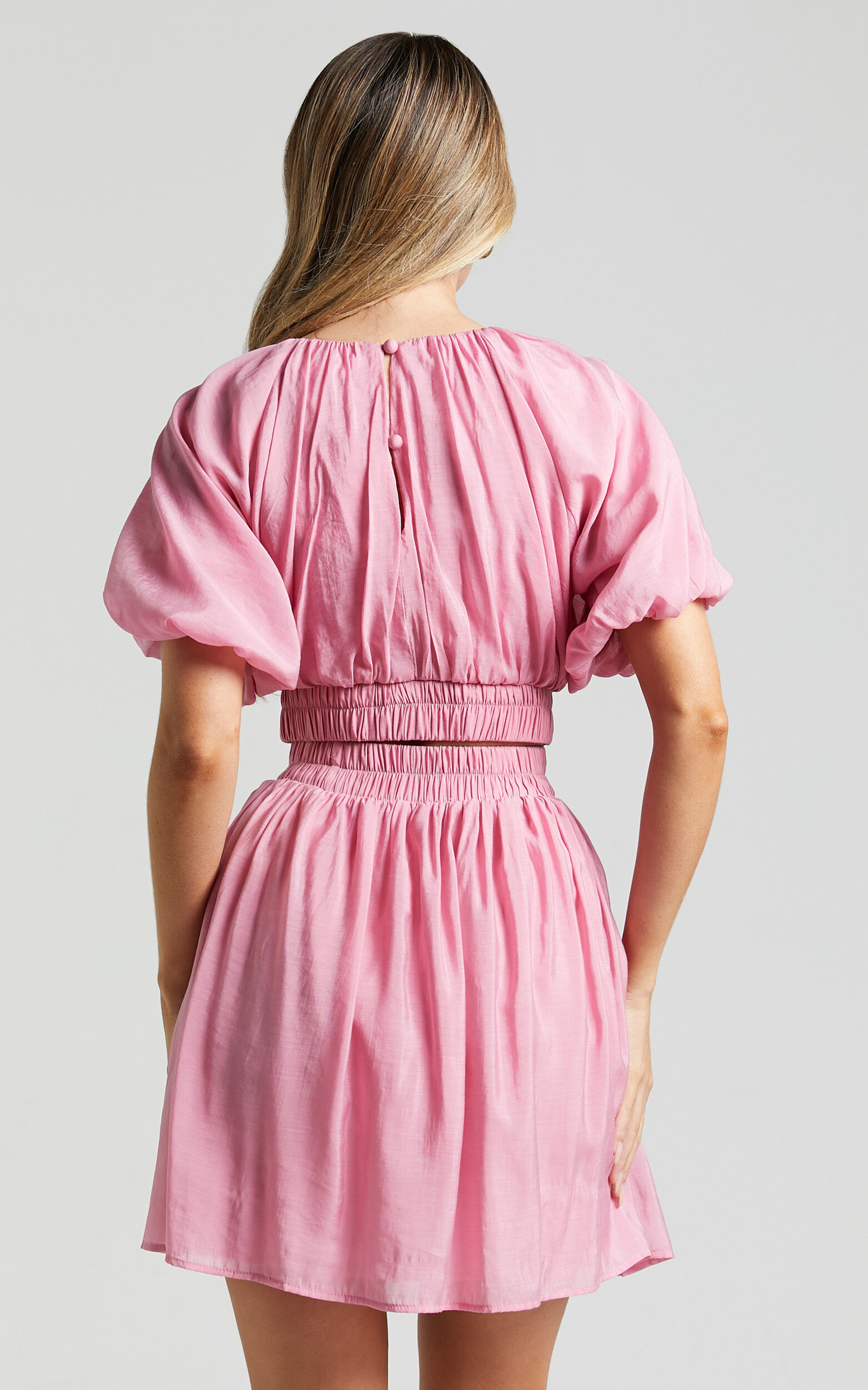 Michalka Mini Dress - Blouson Puff Sleeve Elasticised Waist in Pink