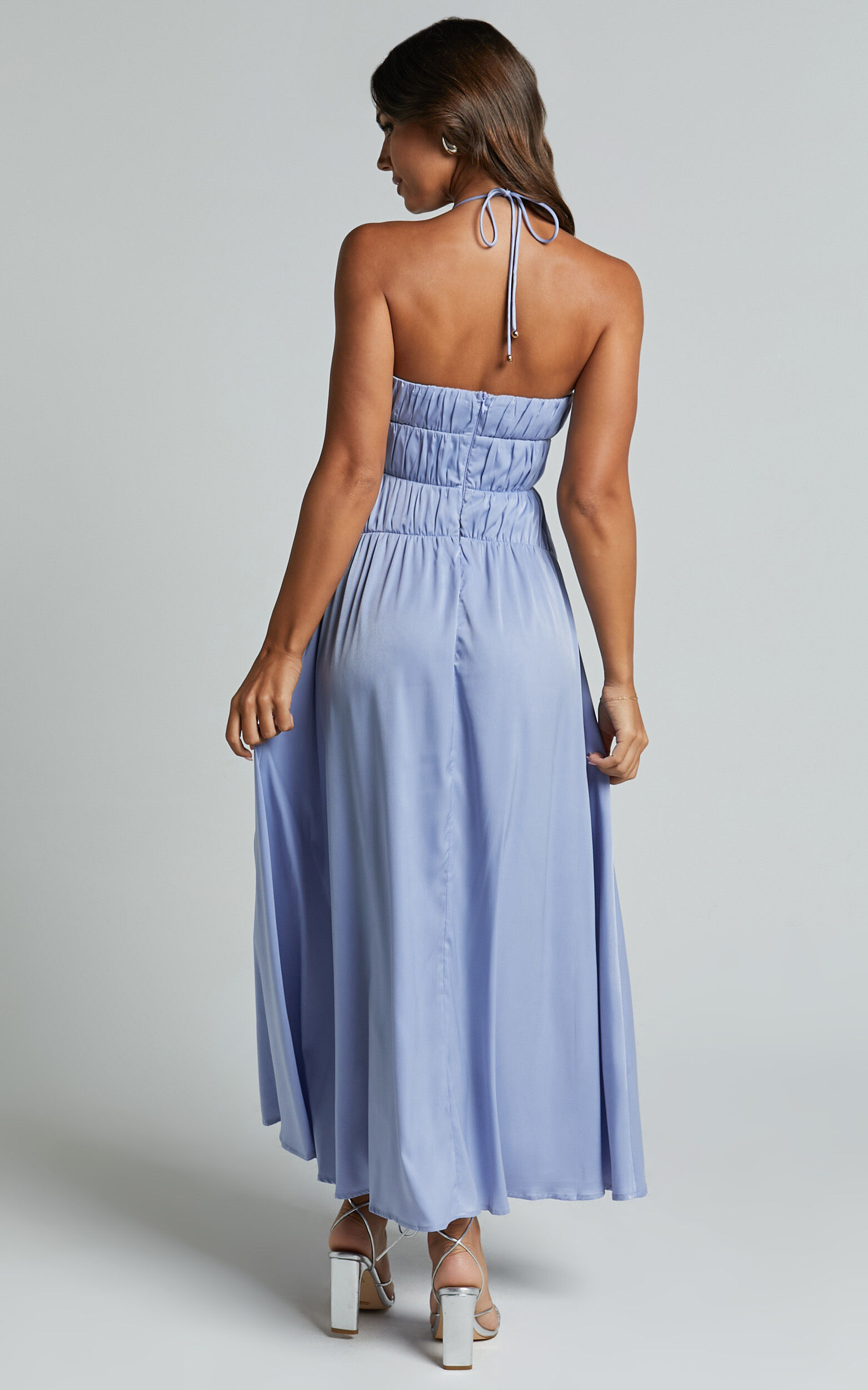 Callie Midi Dress - Satin Gathered Bust Detail Dress in Blue