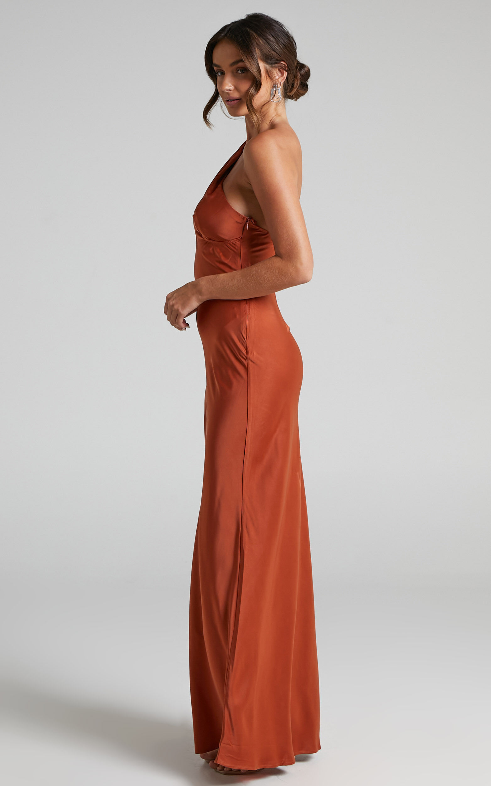 Elzales Midi Dress - One Shoulder Beaded Strap Satin Dress in Rust