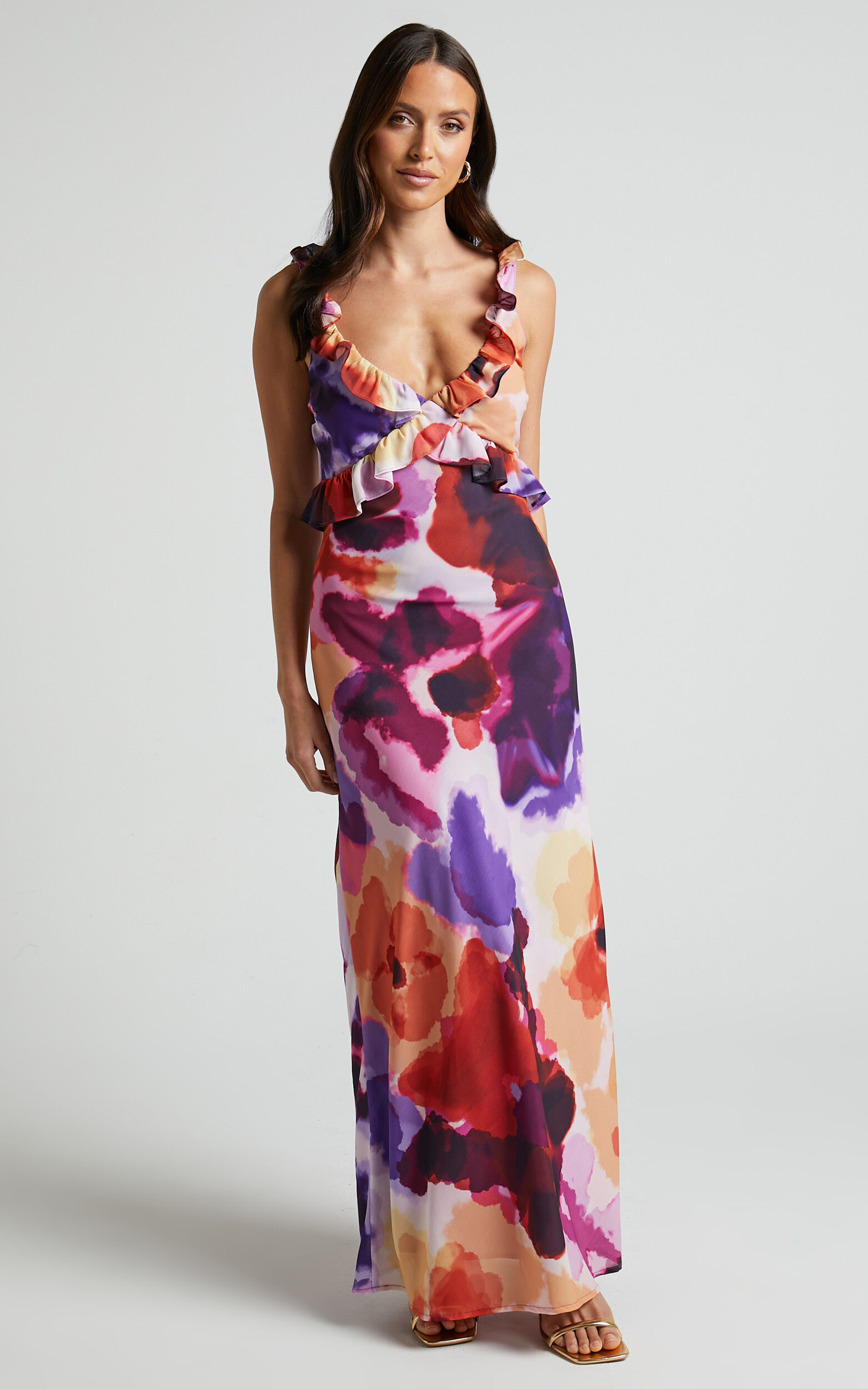 Charlie Midi Dress - V Neck Low Back Frill Detail Dress in Watercolour Floral