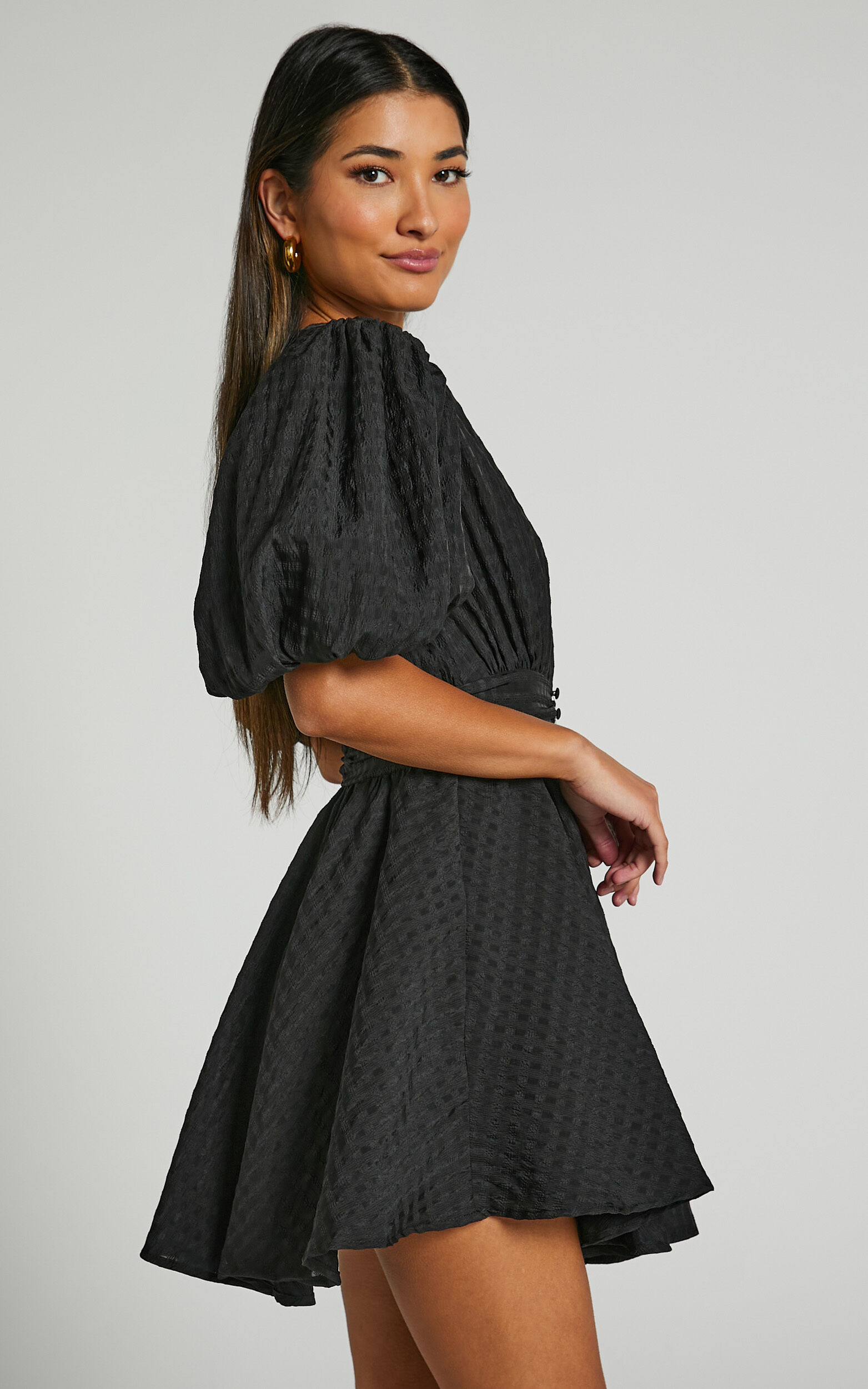 Xandy Mini Dress - Textured Puff Sleeve Plunge Dress in Black