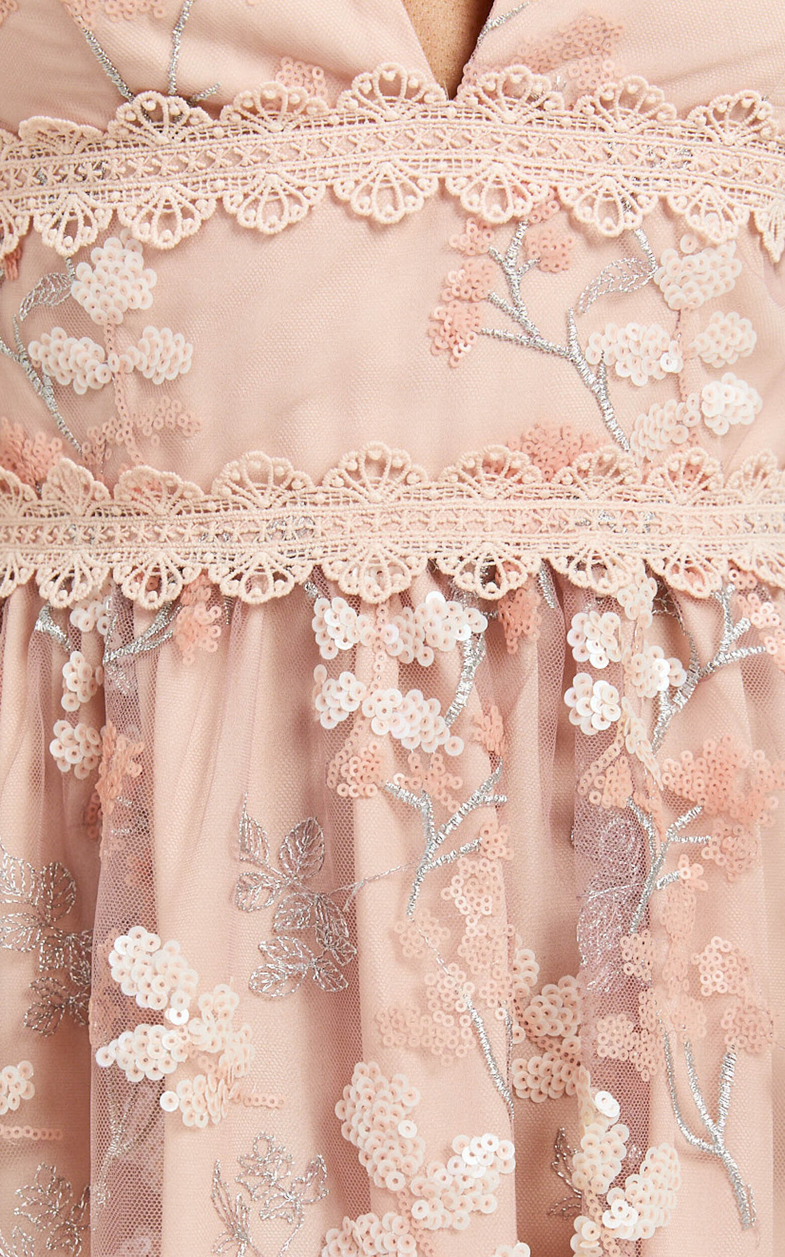 Seychelles Midi Dress - Plunge Embroidery 3d Floral Lace Dress in Light Pink