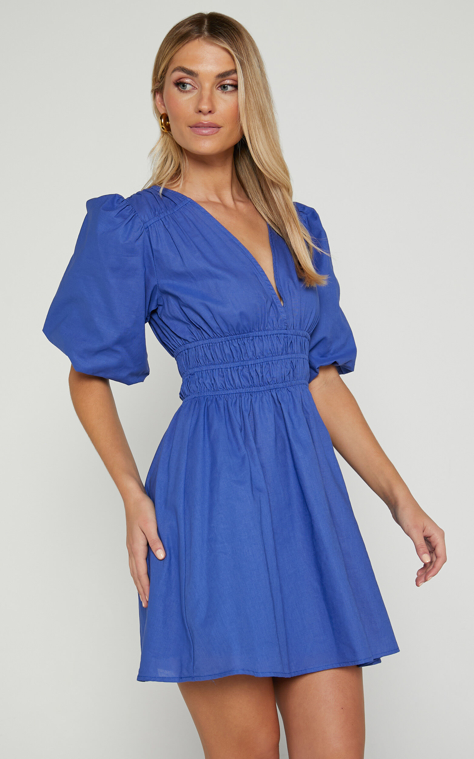 Francesca V Neck Puff Sleeves Mini Dress in Cornflower Blue