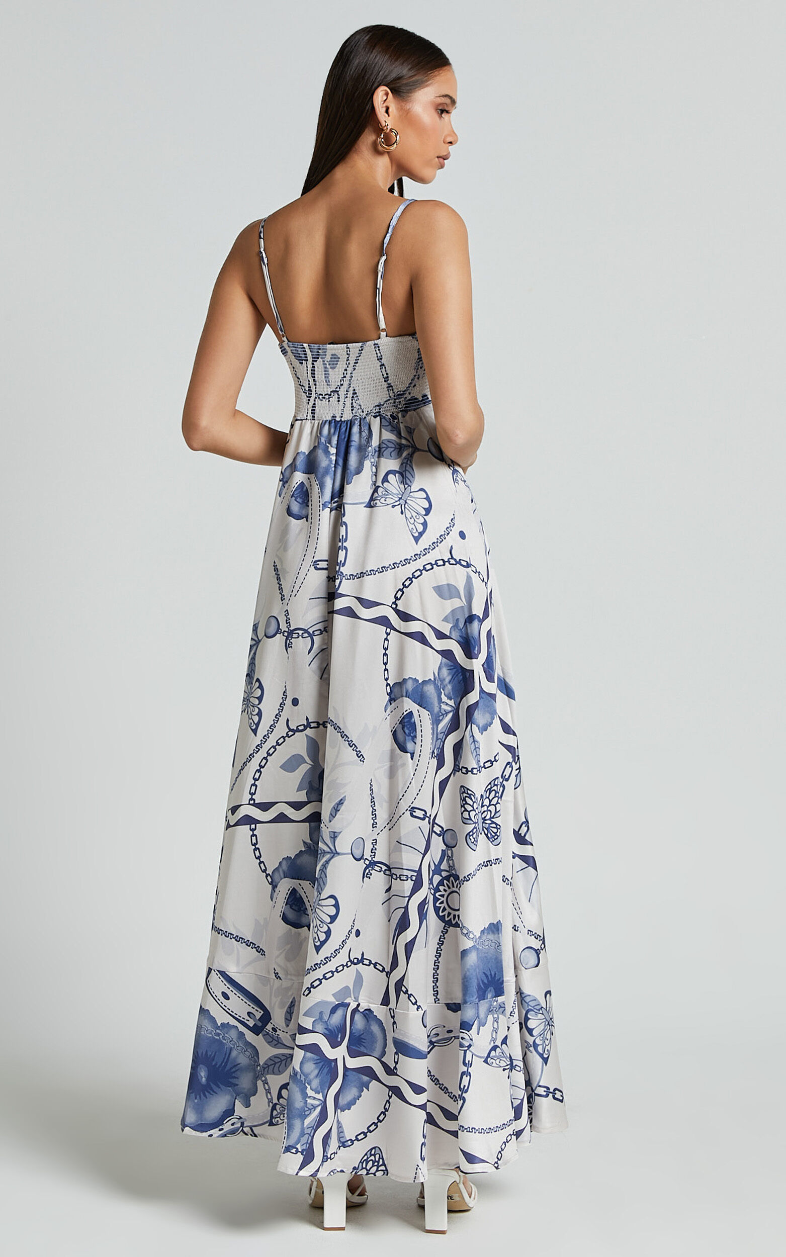 Yasmine Midi Dress - Straight Neck Sleeveless A Line Dress in Blue and White Porcelain Print