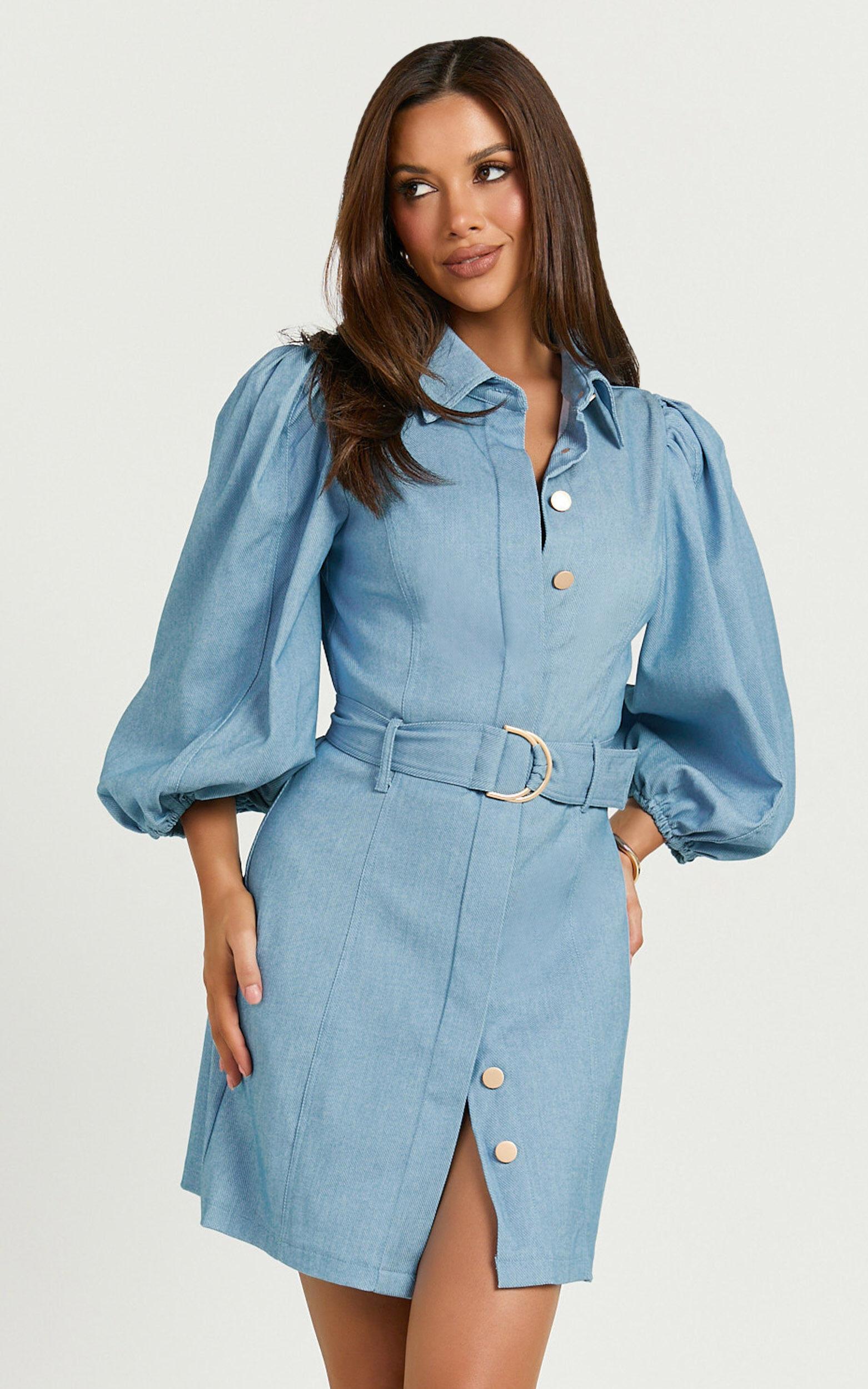 Aubrie Mini Dress - Blouson Sleeve Button Through Belted Dress in Light Blue