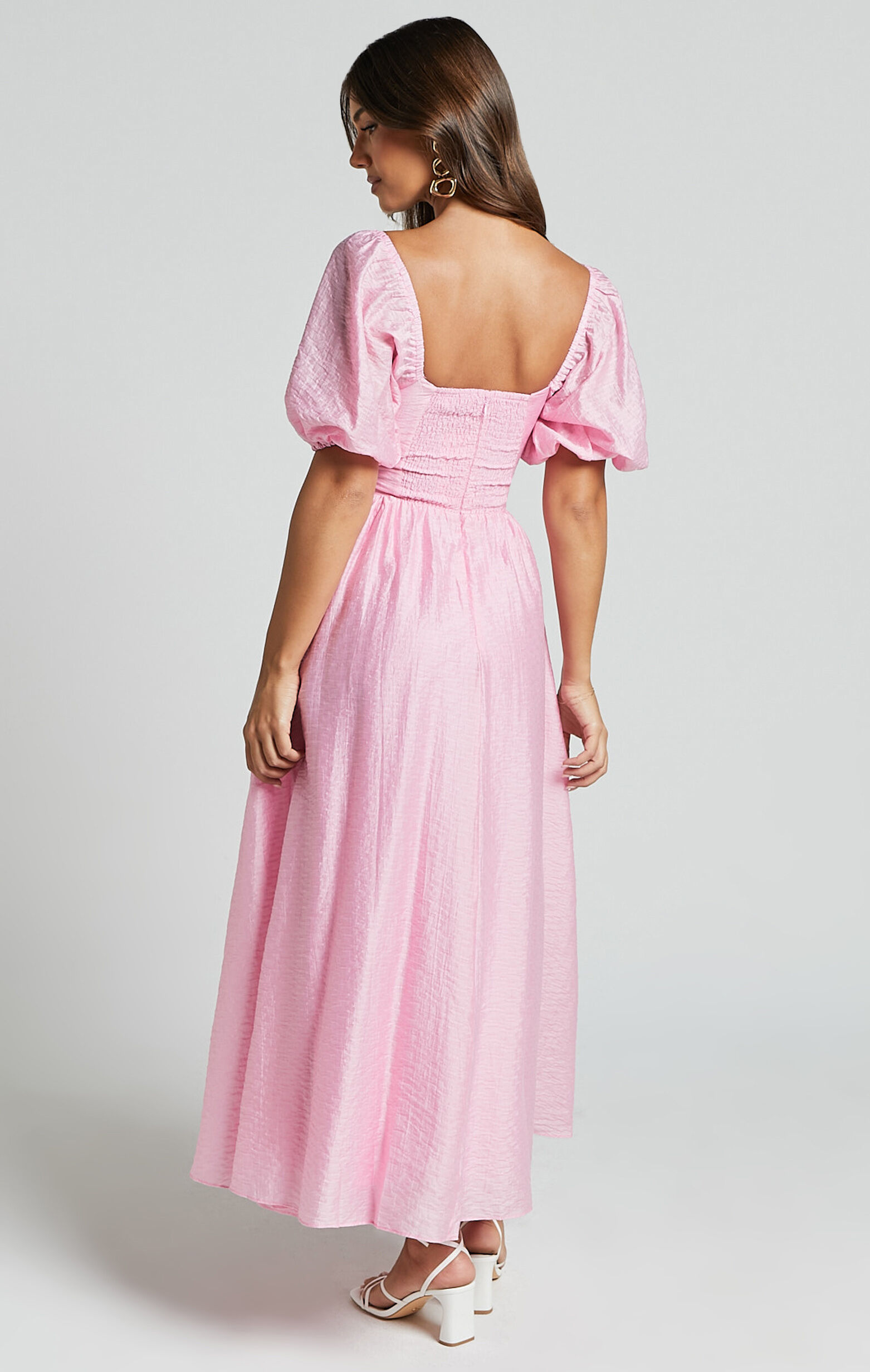 Dorothea Midi Dress - V Neck Puff Sleeve Ruched Bust in Pink