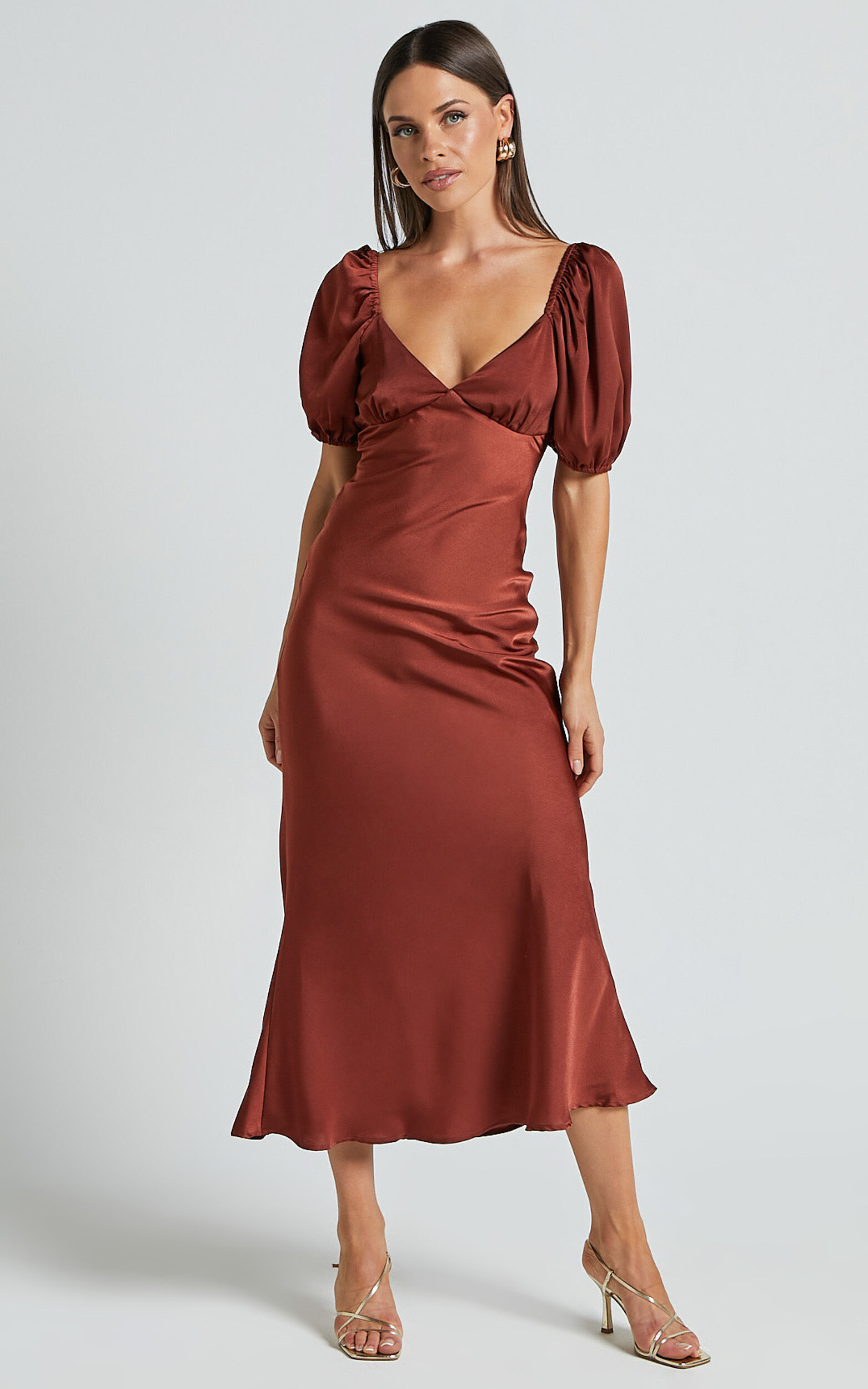 Catiana Midi Dress - V Neck Short Puff Sleeve Slip Dress in Chocolate