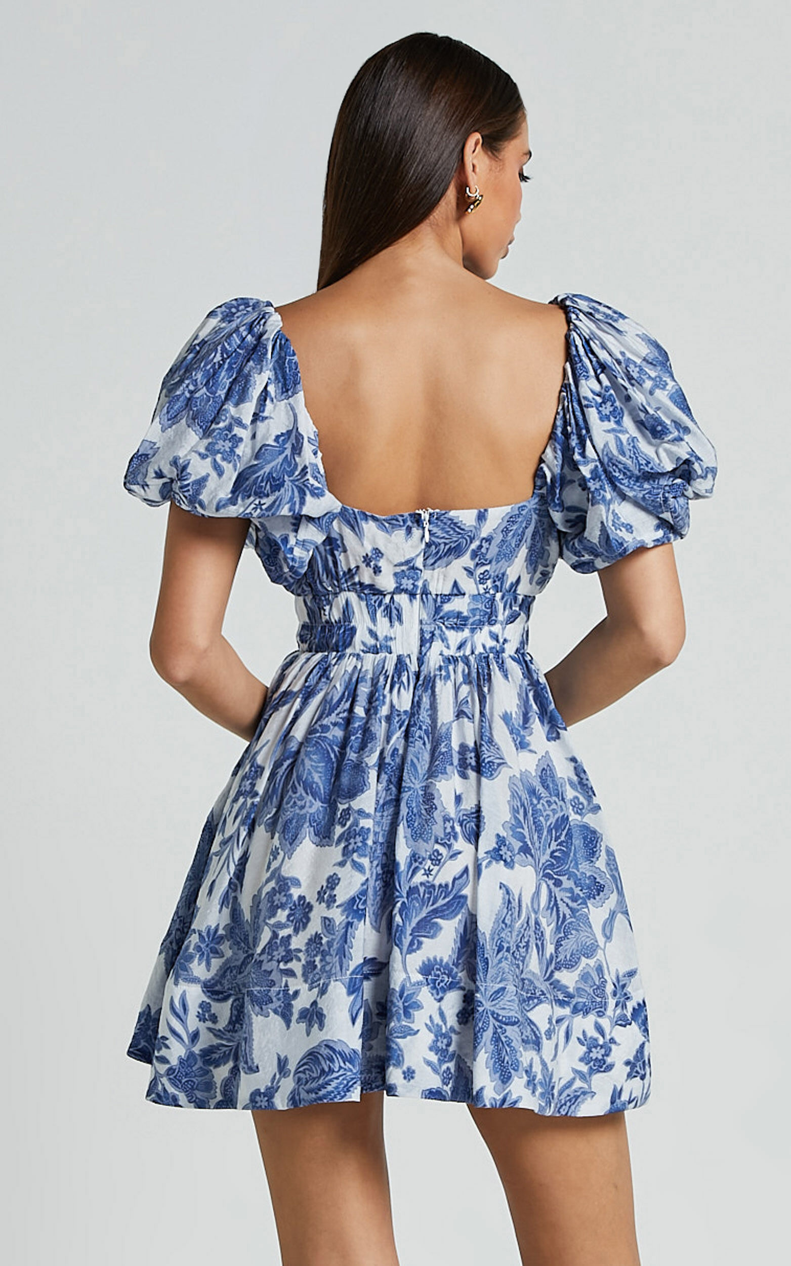 Mira Mini Dress - Square Neck Balloon Sleeve Dress in Blue Floral