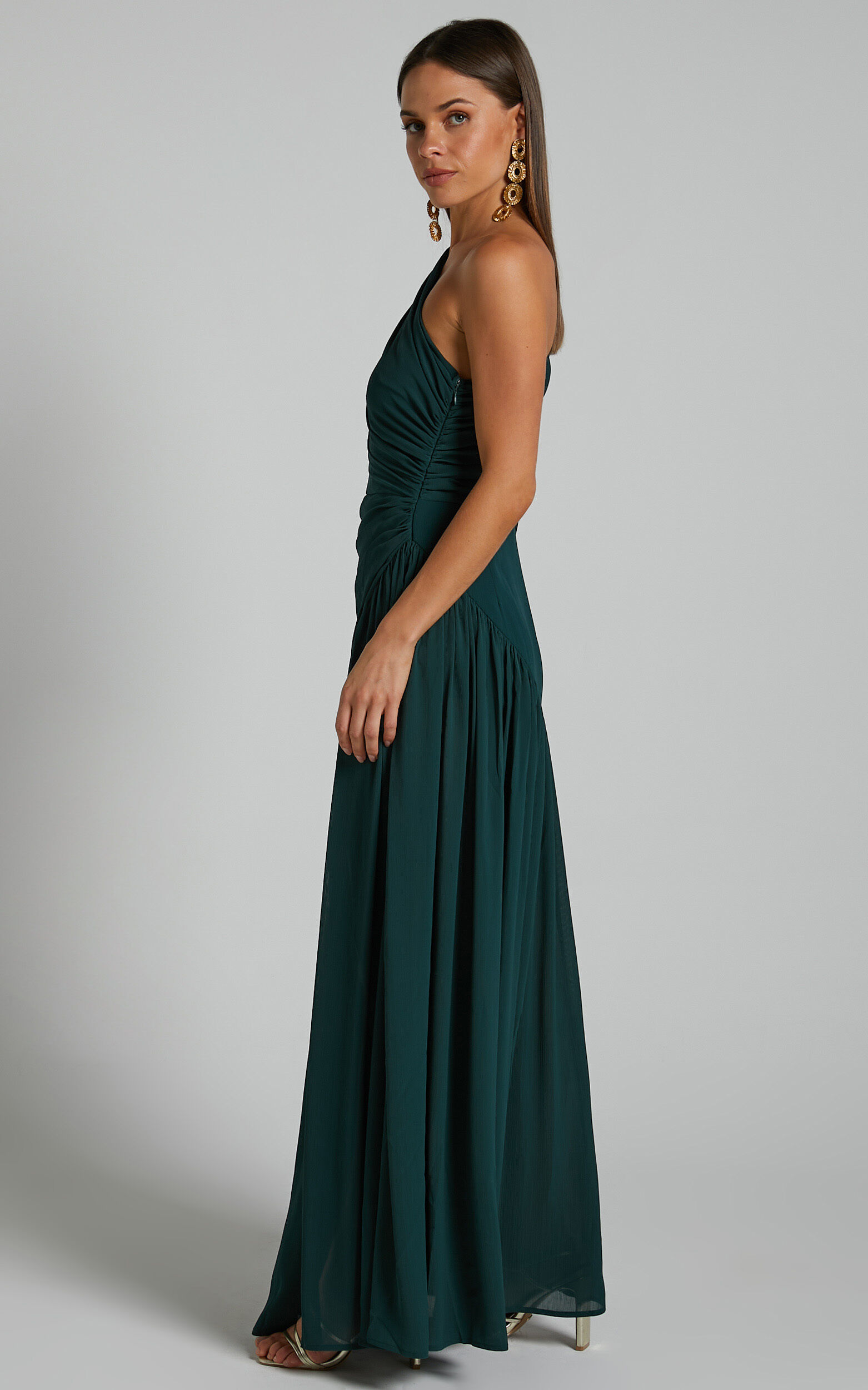 Grittah Midi Dress - One Shoulder Bishop Sleeve High Split Ruched Dress in Emerald