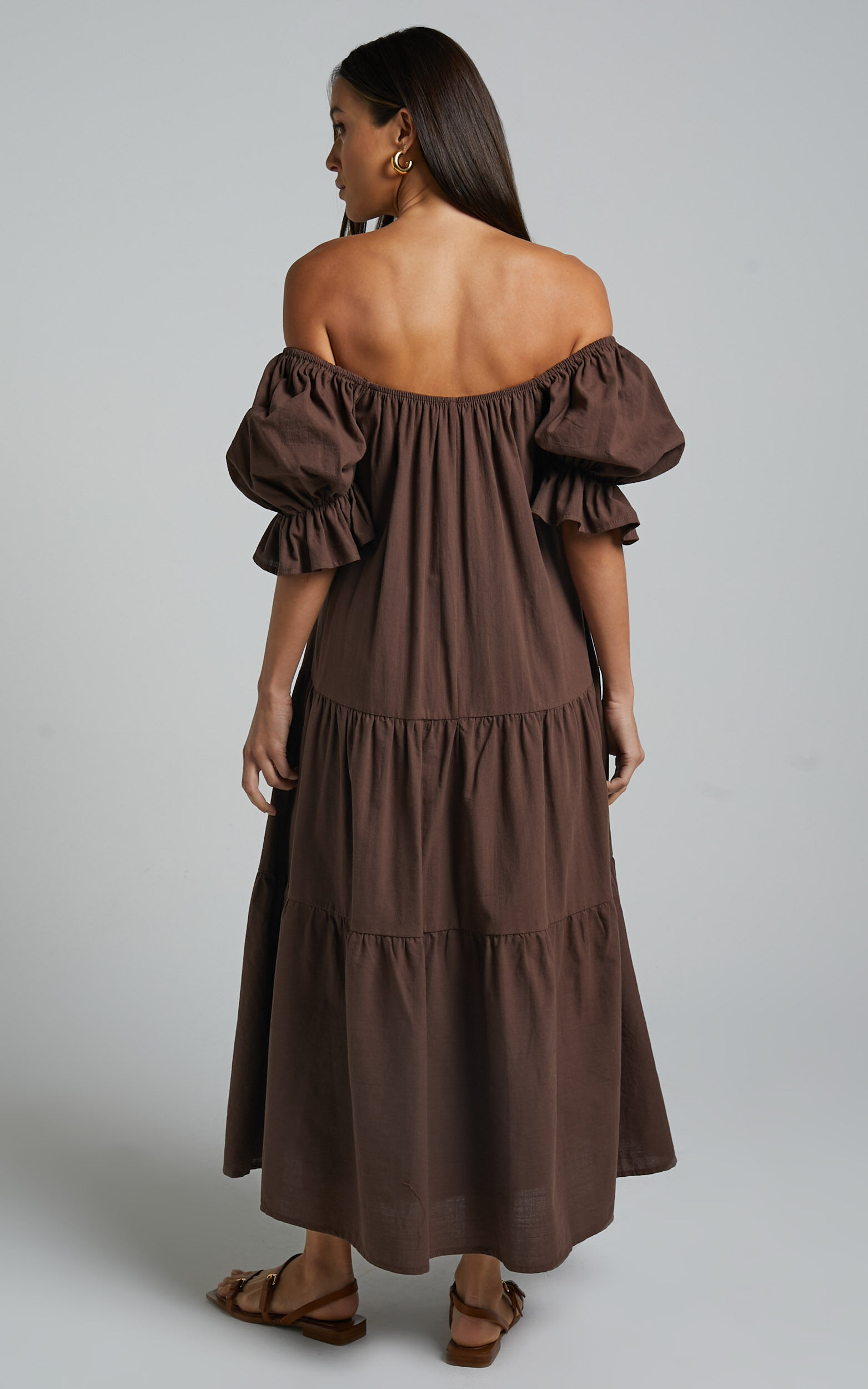 Zaharrah Midi Dress - Tiered Dress in Chocolate Linen Look