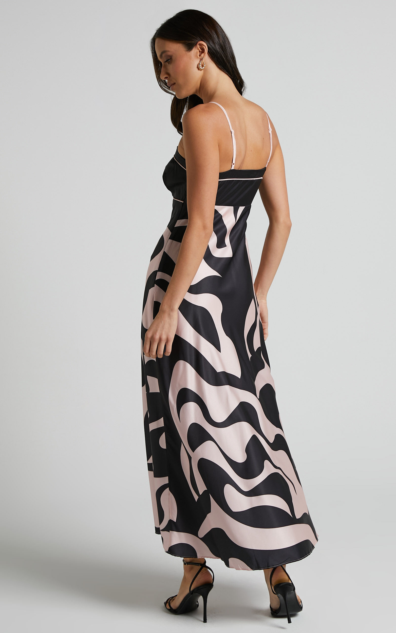Angela Midi Dress - Thin Strap A Line Dress in Black & Cream Swirl