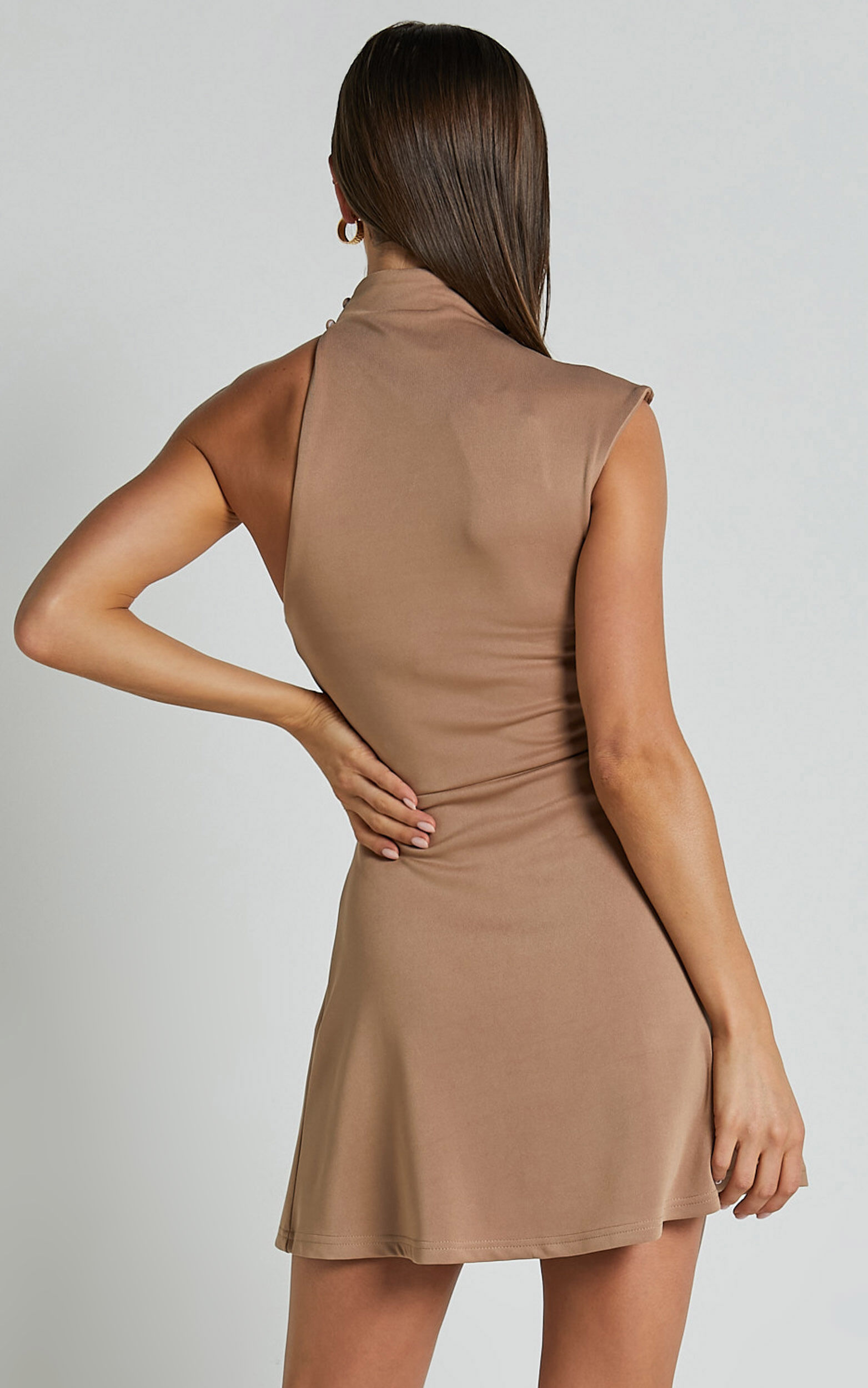 Rubie Mini Dress - High Neck Asymmetrical One Shoulder Dress in Mocha
