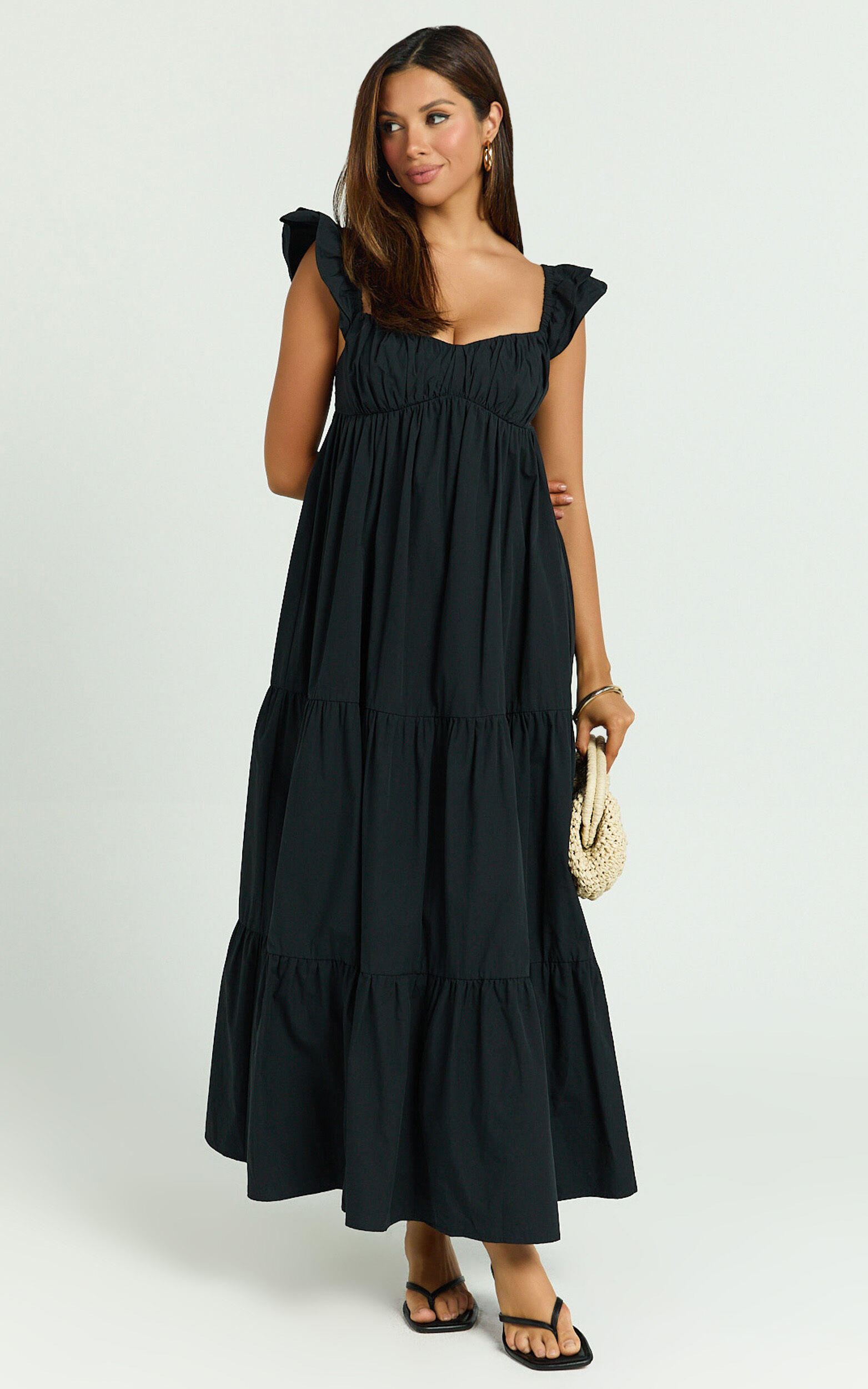 Brienne Midi Dress - Flutter Sleeve Tie Back Dress in Black