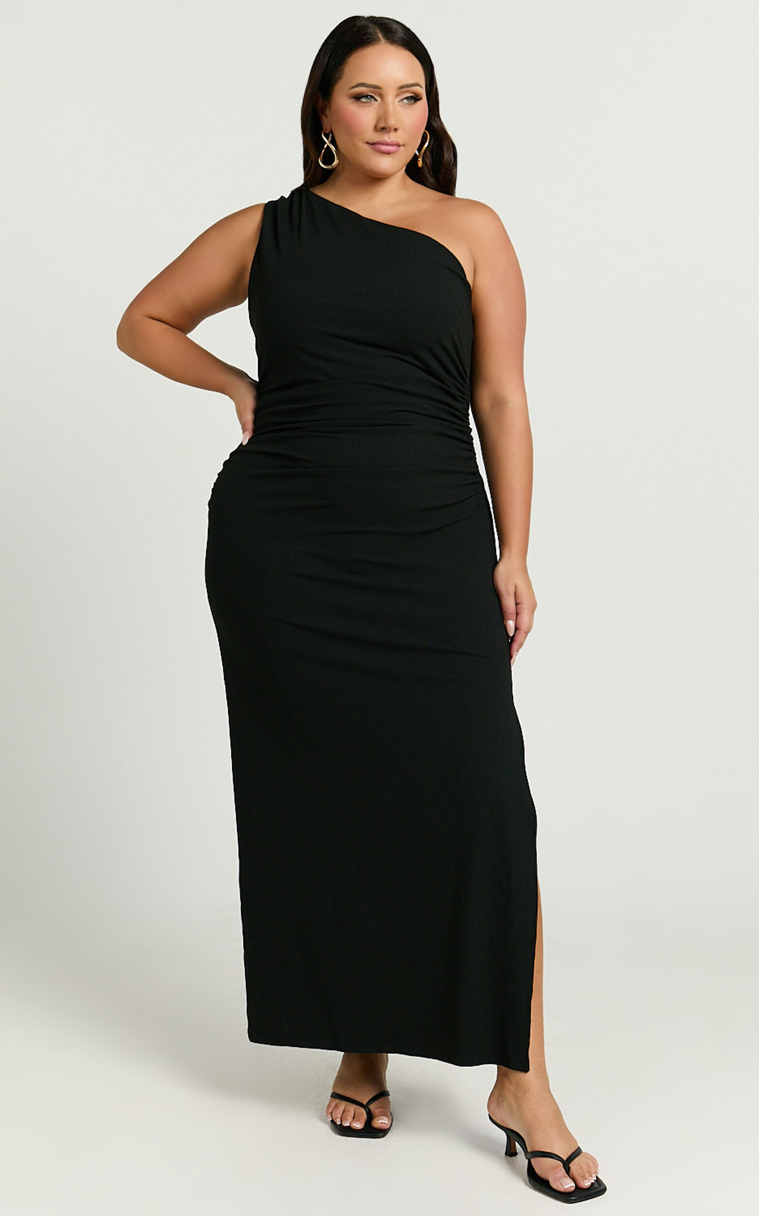 Rae Midi Dress - Ribbed One Shoulder Ruched Dress in Black